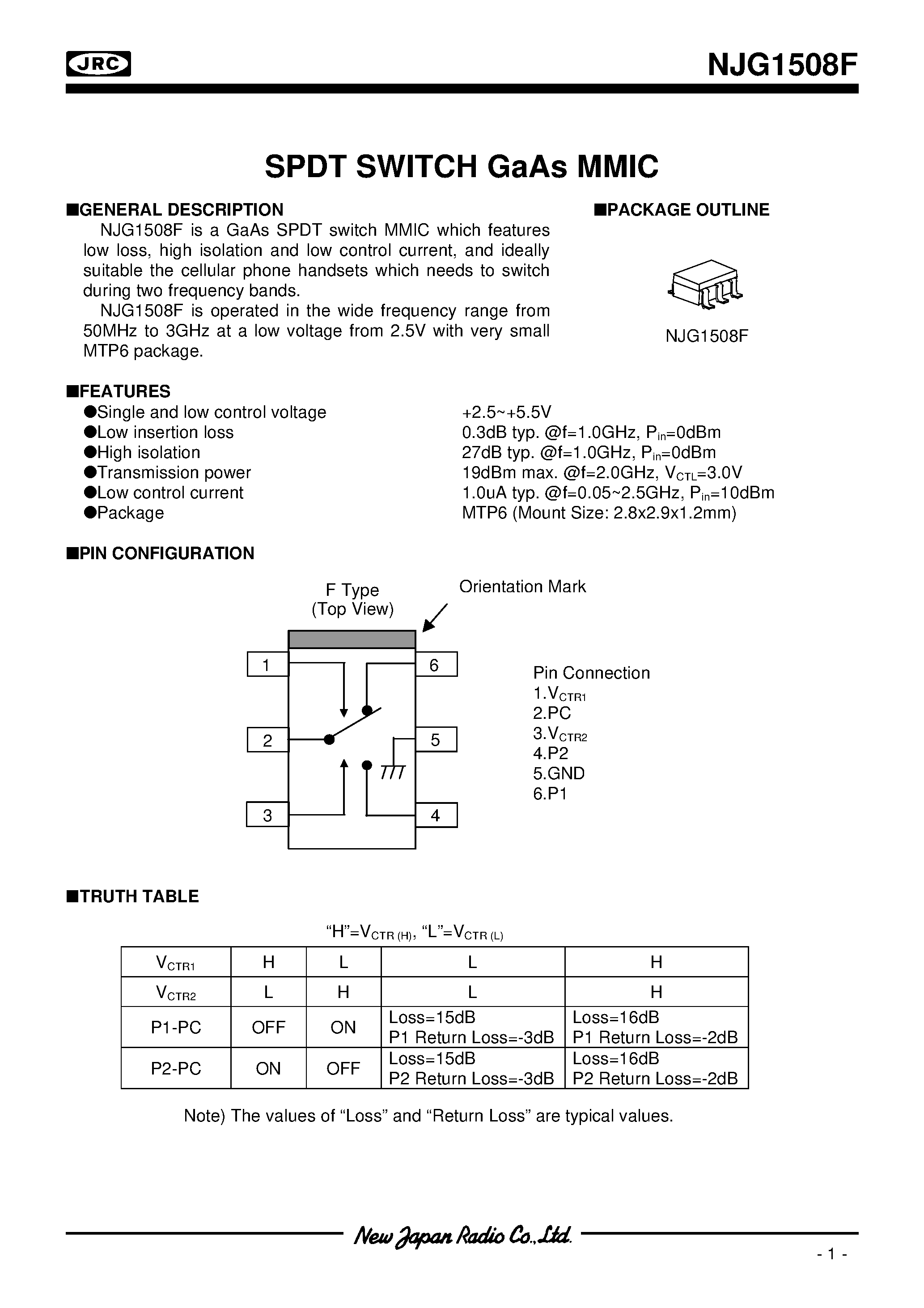 Datasheet NJG1508F page 1 Datasheet NJG1508F - SPDT SWITCH GaAs MMIC page 1
