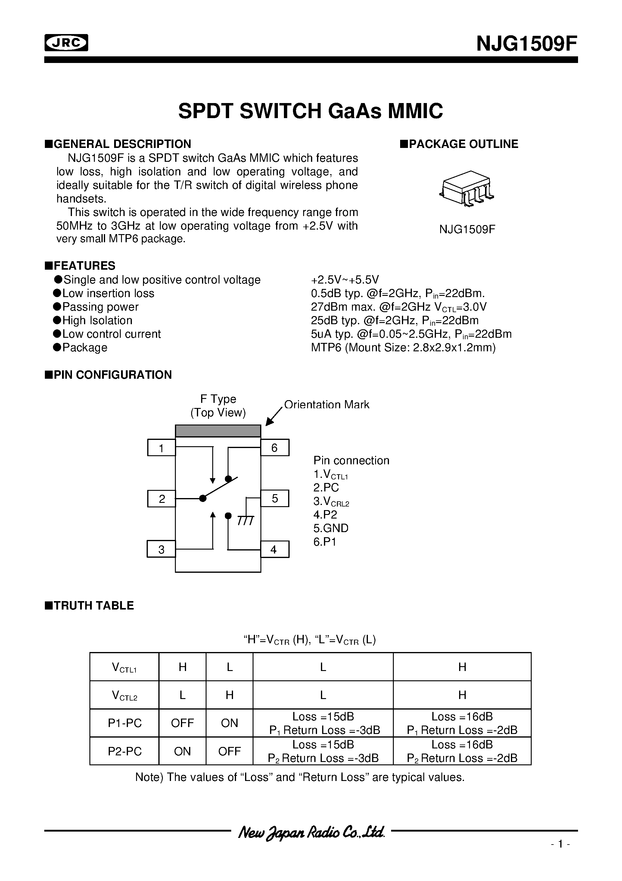 Datasheet NJG1509F page 1 Datasheet NJG1509F - SPDT SWITCH GaAs MMIC page 1