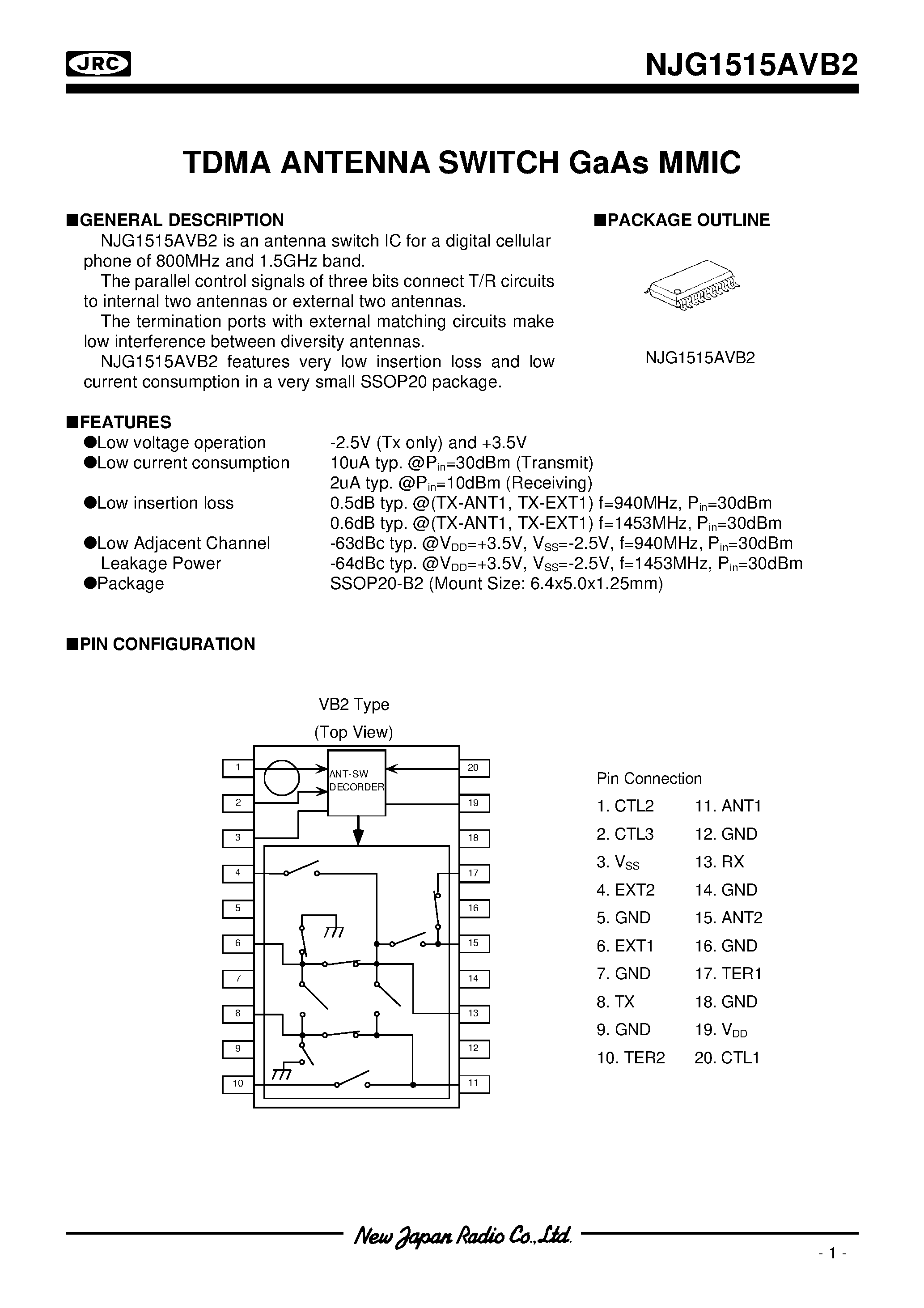 Datasheet NJG1515AVB2 page 1 Datasheet NJG1515AVB2 - TDMA ANTENNA SWITCH GaAs MMIC page 1