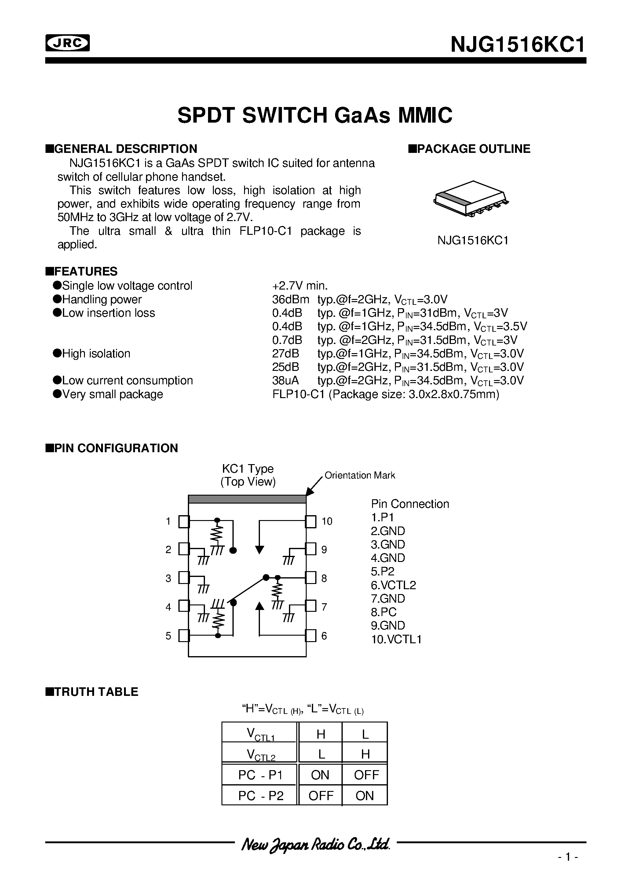 Datasheet NJG1516KC1 page 1 Datasheet NJG1516KC1 - SPDT SWITCH GaAs MMIC page 1