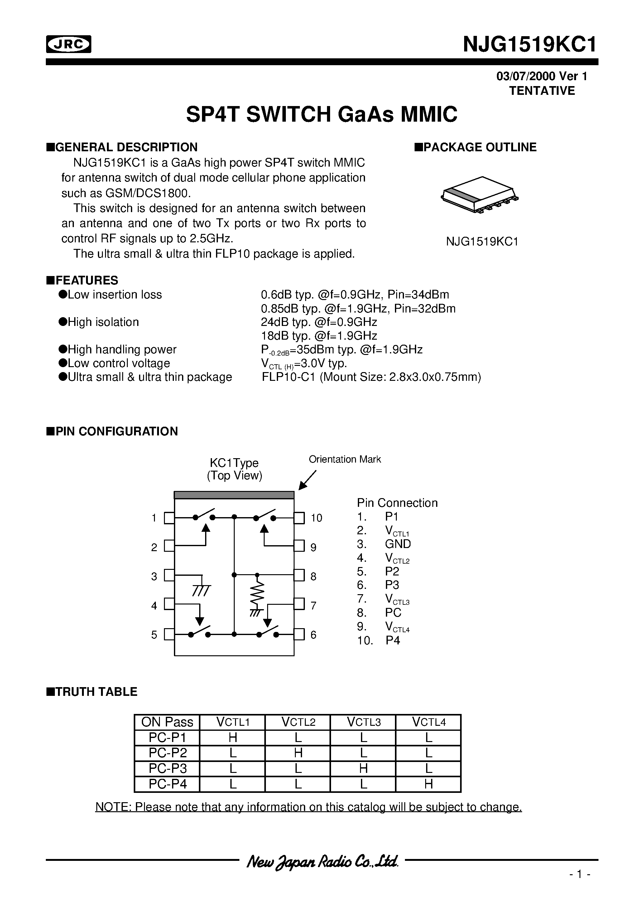 Datasheet NJG1519KC1 page 1 Datasheet NJG1519KC1 - SP4T SWITCH GaAs MMIC page 1