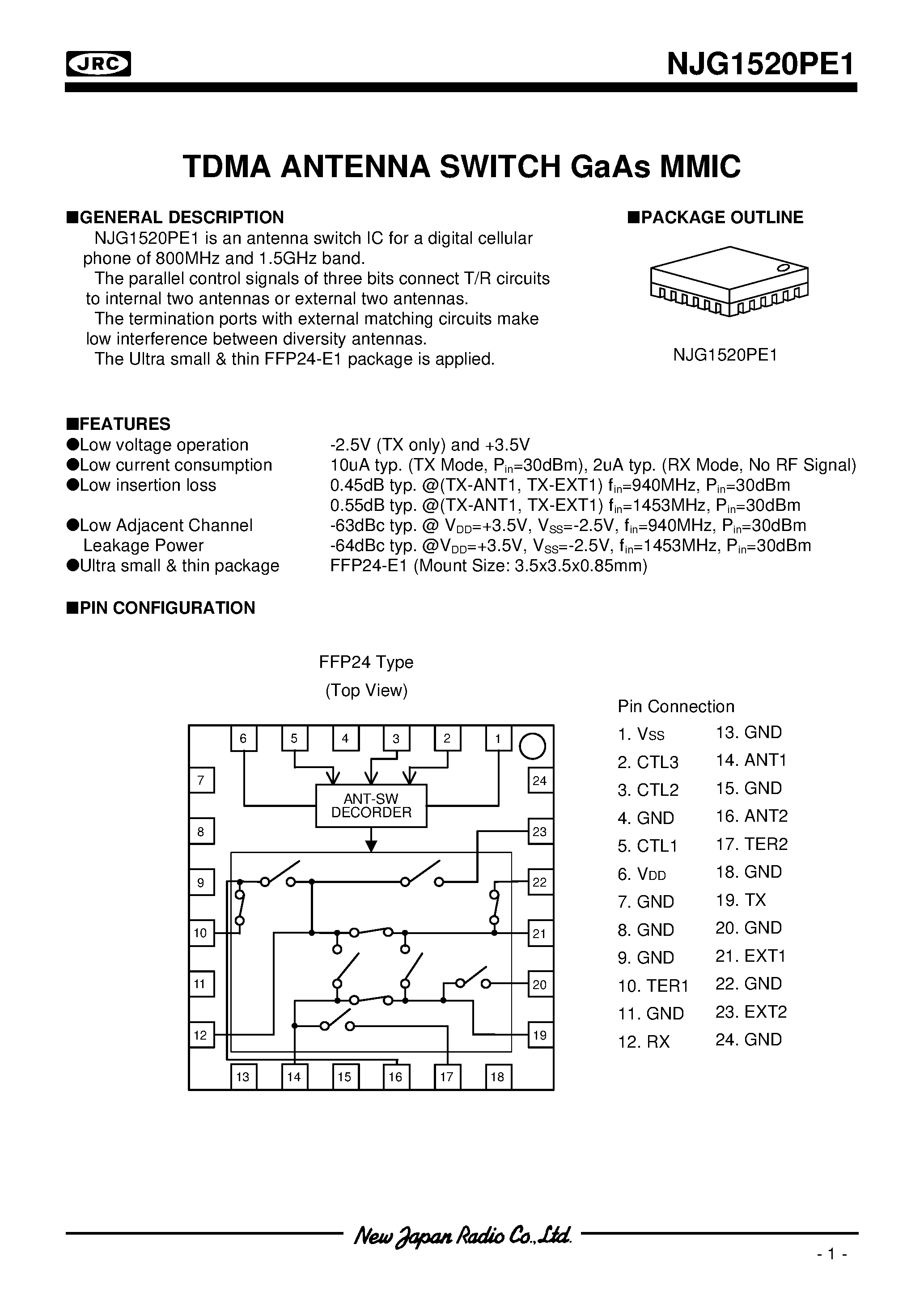 Datasheet NJG1520PE1 page 1 Datasheet NJG1520PE1 - TDMA ANTENNA SWITCH GaAs MMIC page 1
