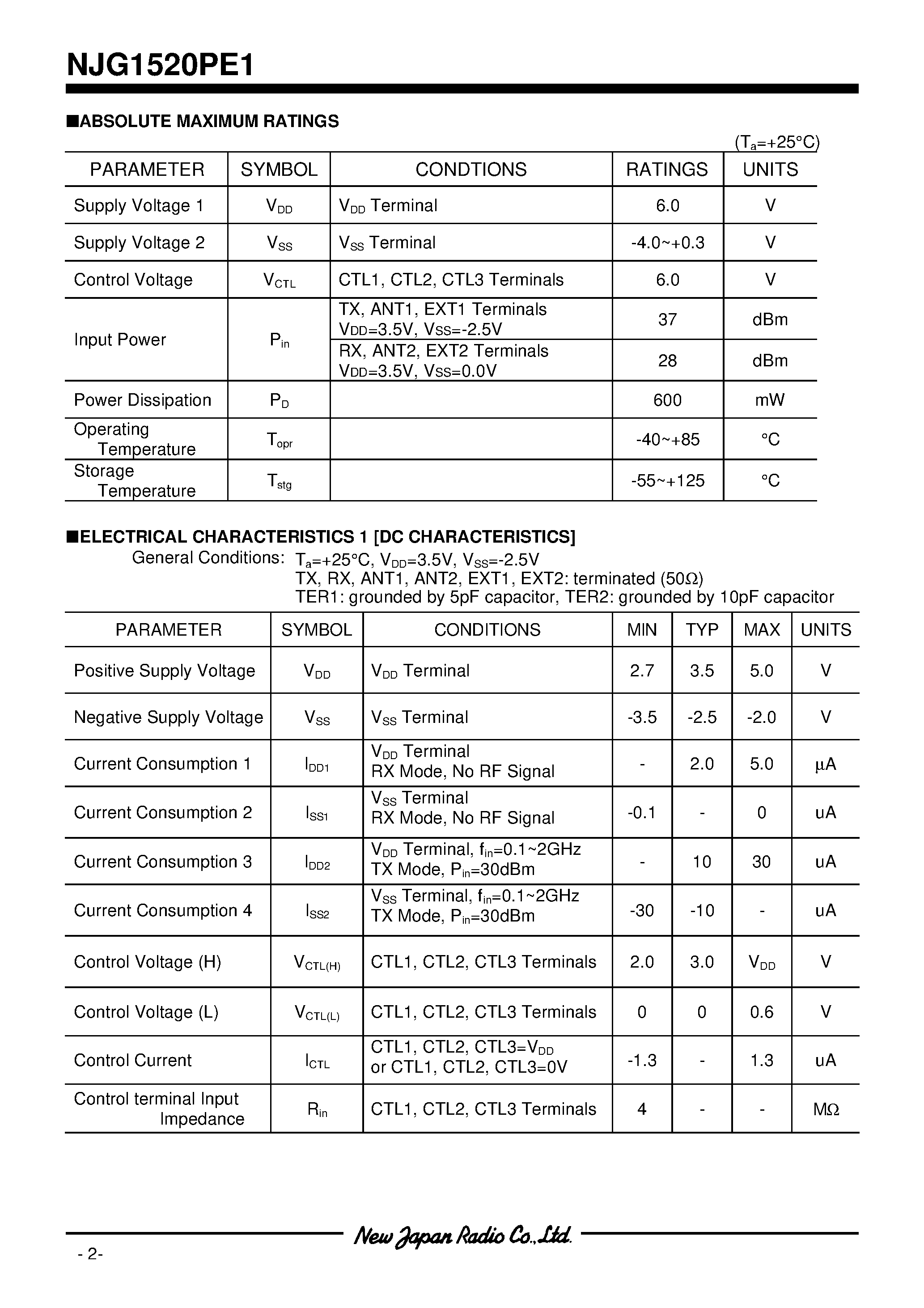 Datasheet NJG1520PE1 page 2 Datasheet NJG1520PE1 - TDMA ANTENNA SWITCH GaAs MMIC page 2