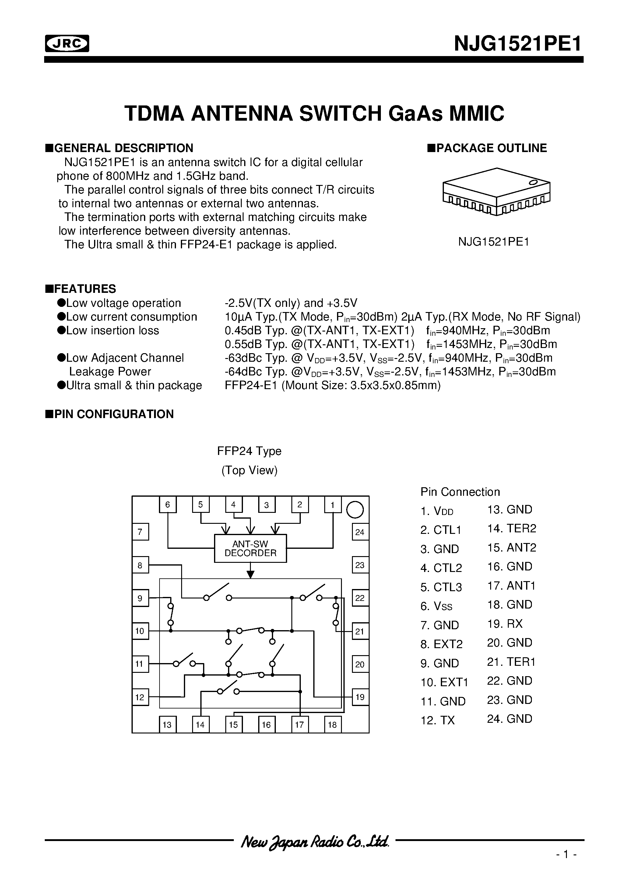 Datasheet NJG1521PE1 page 1 Datasheet NJG1521PE1 - TDMA ANTENNA SWITCH GaAs MMIC page 1