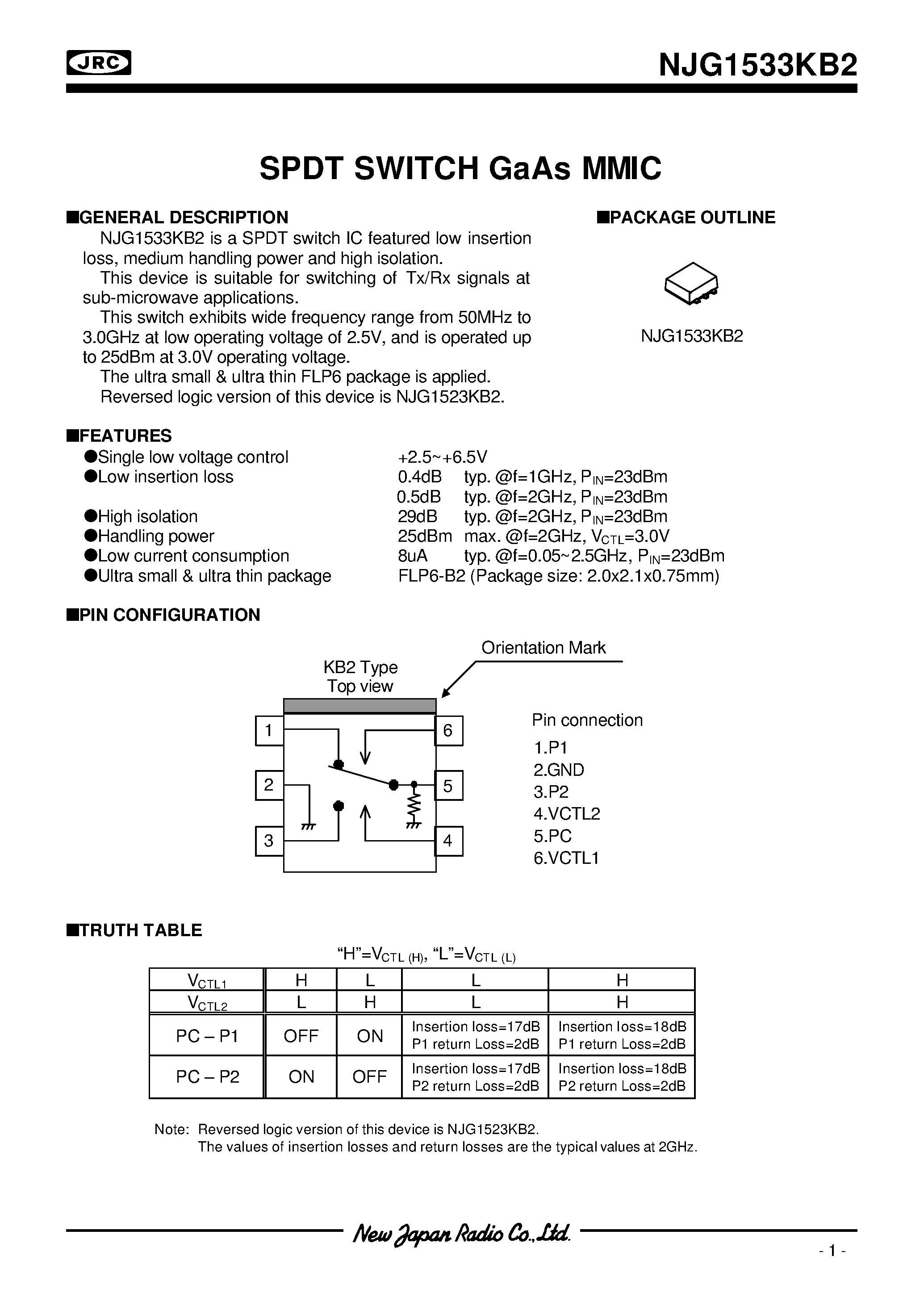 Datasheet NJG1533KB2 page 1 Datasheet NJG1533KB2 - SPDT SWITCH GaAs MMIC page 1