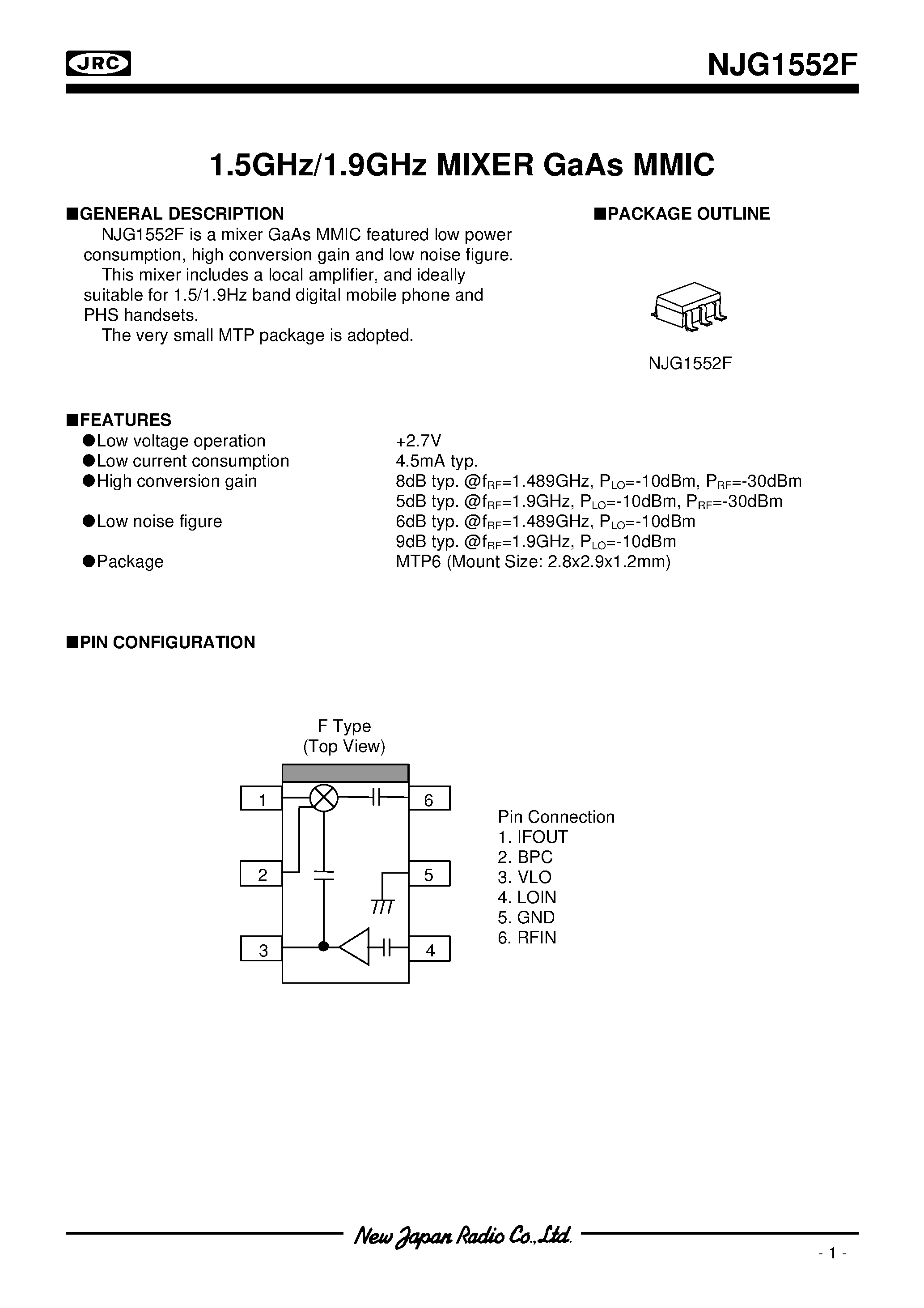Даташит на микросхему NJG1552F страница 1 Даташит NJG1552F - 1.5ghZ/1.9ghZ mixer gAaS mmic страница 1