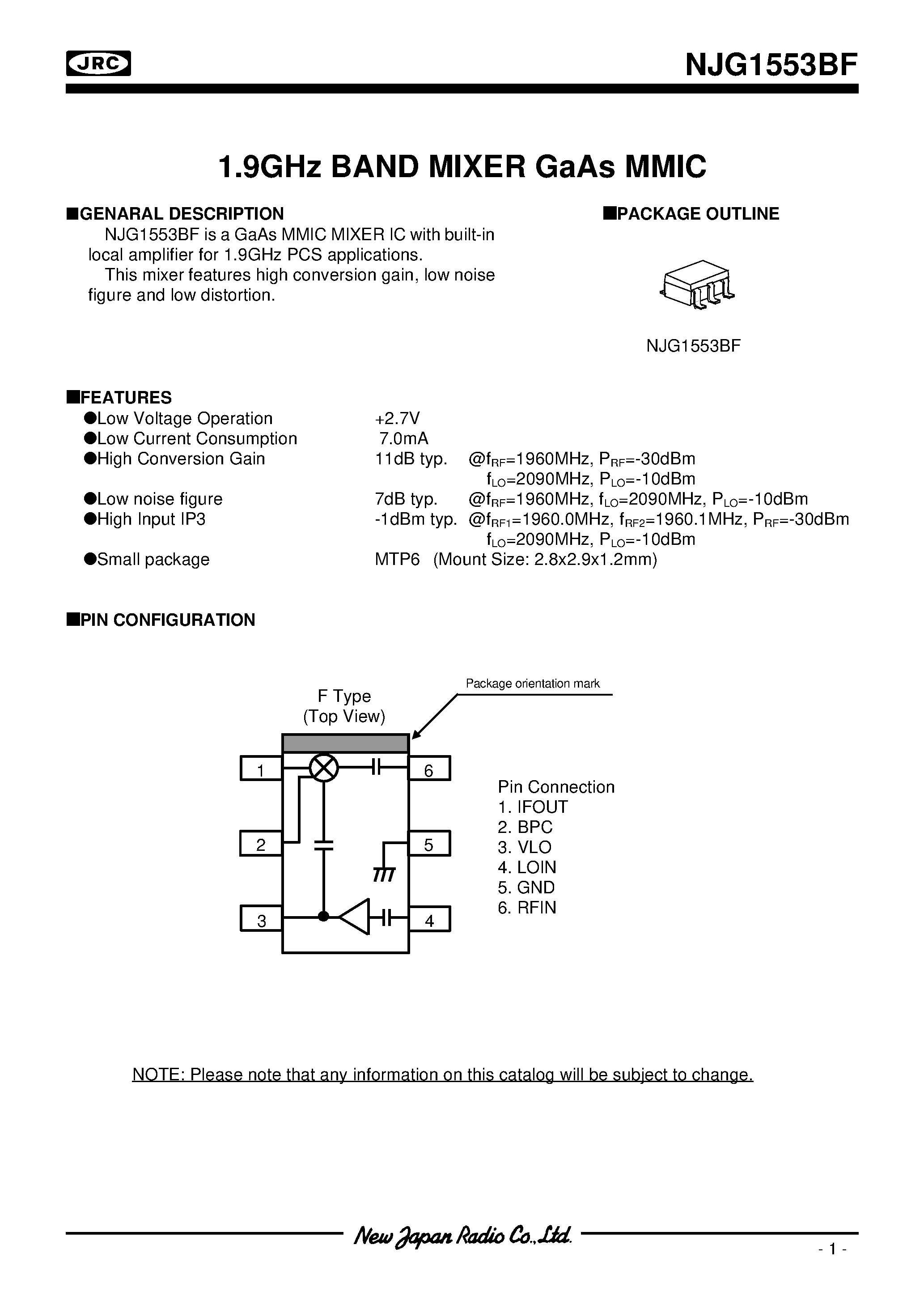 Datasheet NJG1553BF - 1.9ghZ band mixer gAaS mmic page 1