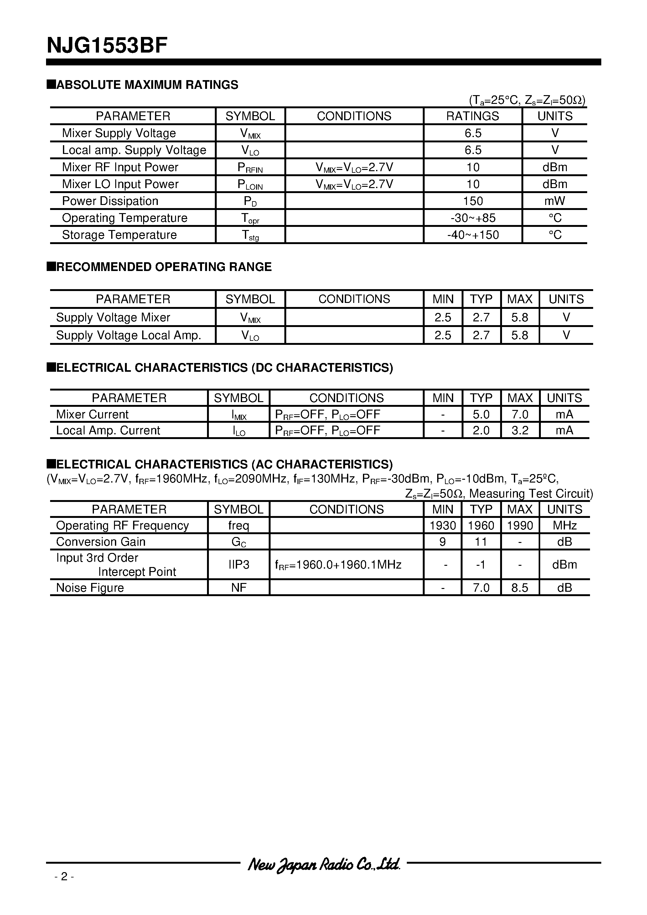 Datasheet NJG1553BF - 1.9ghZ band mixer gAaS mmic page 2