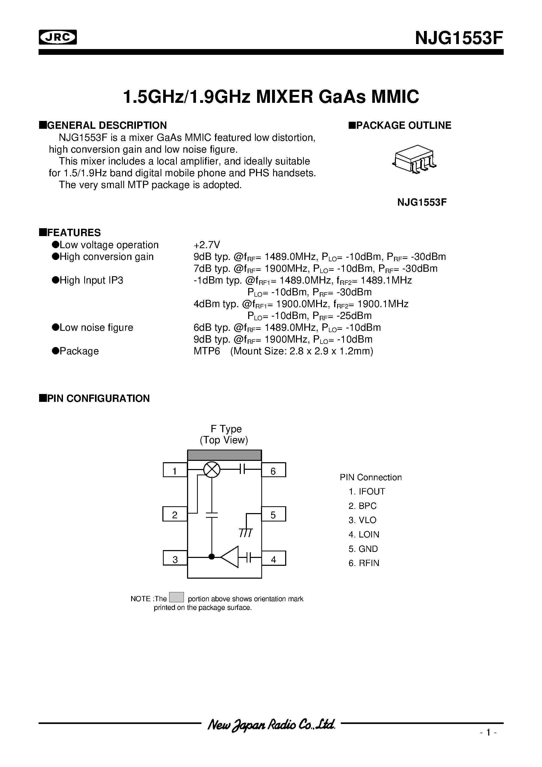 Даташит на микросхему NJG1553F страница 1 Даташит NJG1553F - 1.5ghZ/1.9ghZ mixer gAaS mmic страница 1