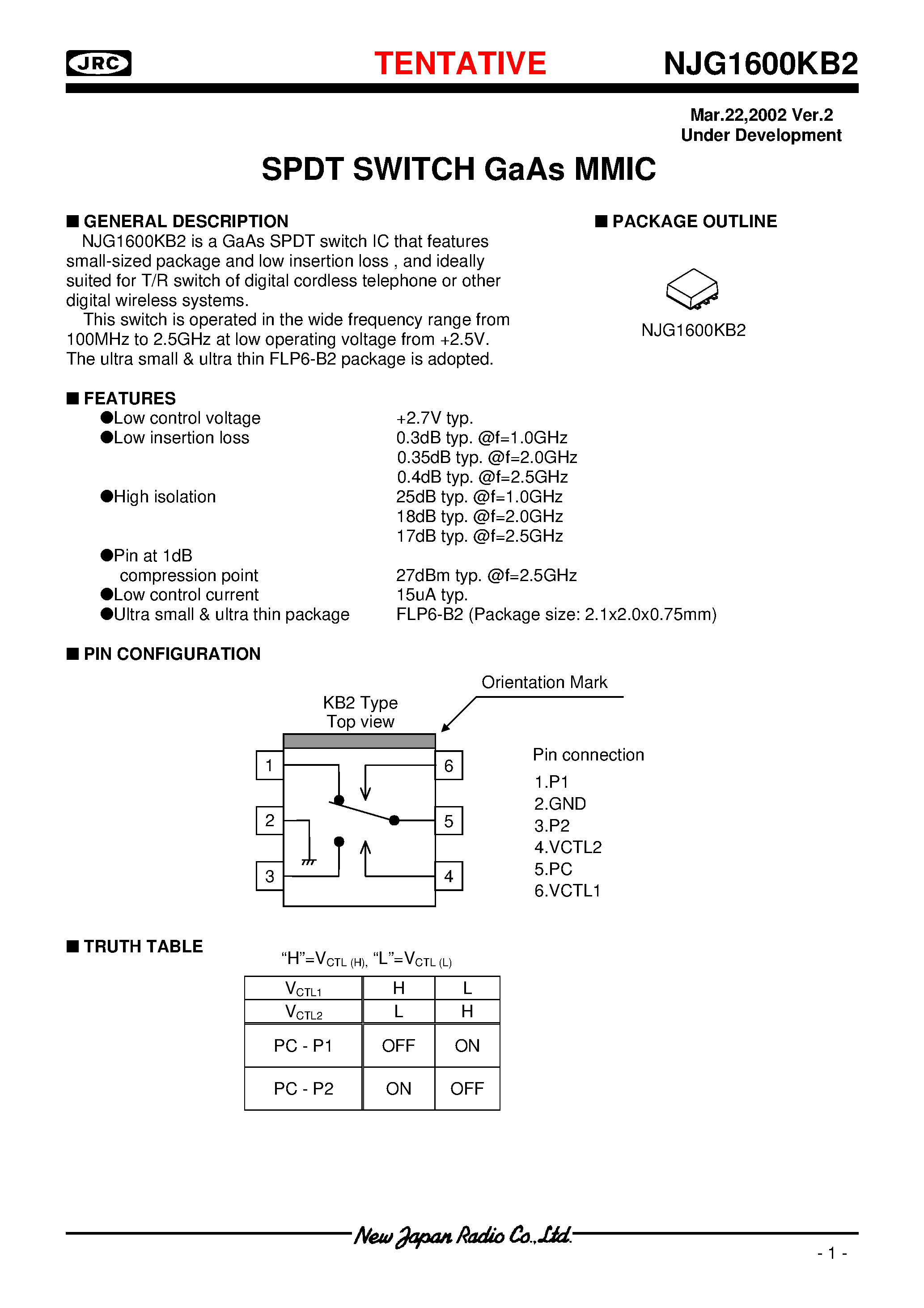 Datasheet NJG1600KB2 page 1 Datasheet NJG1600KB2 - SPDT SWITCH GaAs MMIC page 1