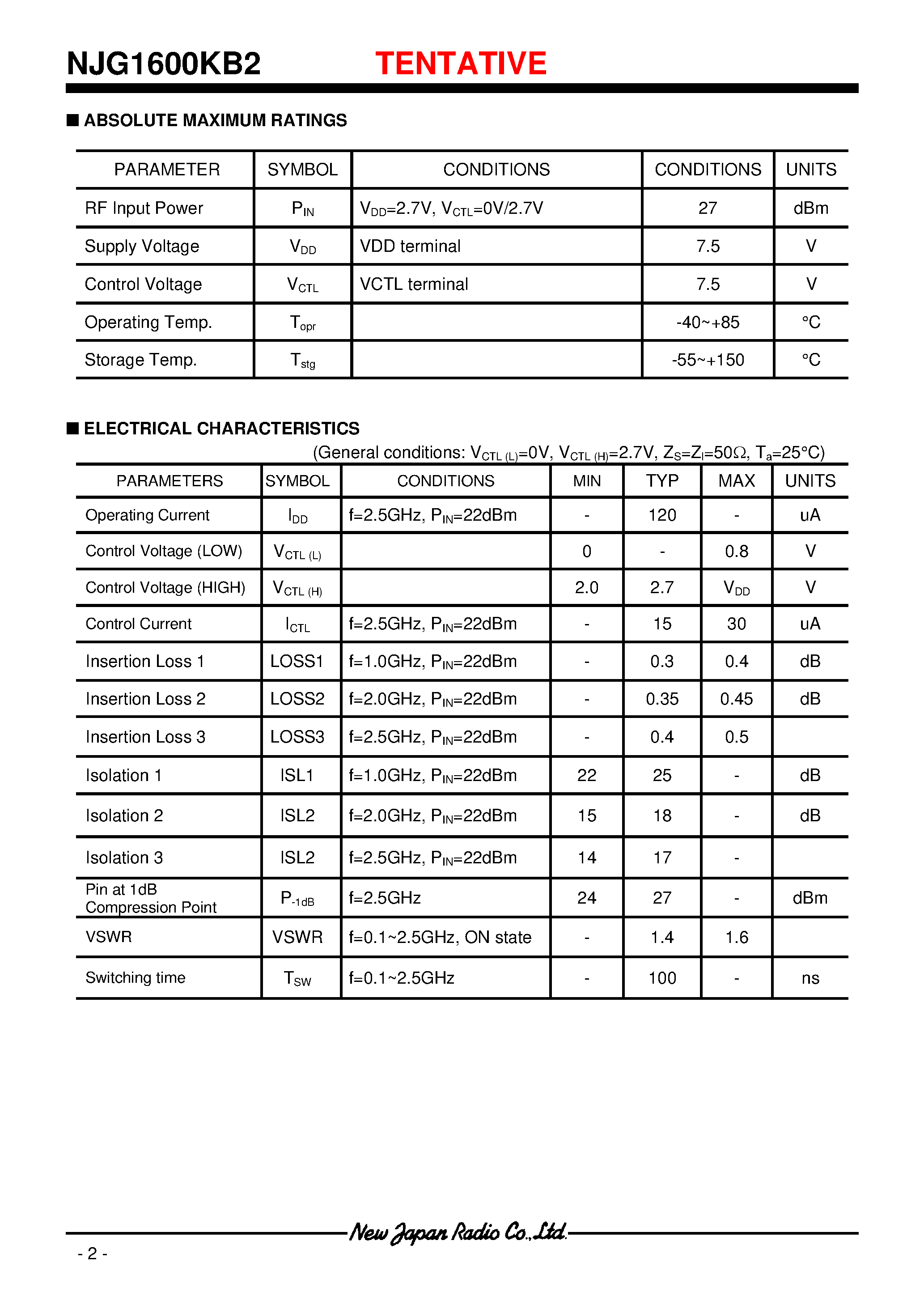 Datasheet NJG1600KB2 page 2 Datasheet NJG1600KB2 - SPDT SWITCH GaAs MMIC page 2