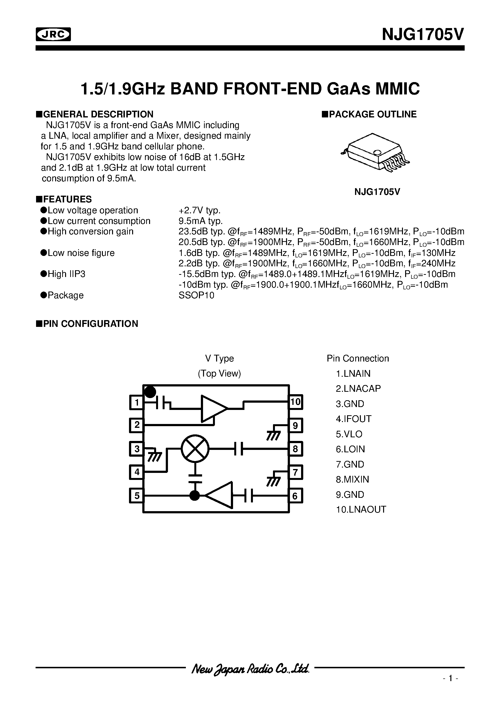 Datasheet NJG1705V - 1.5/1.9GHz BAND FRONT-END GaAs MMIC page 1
