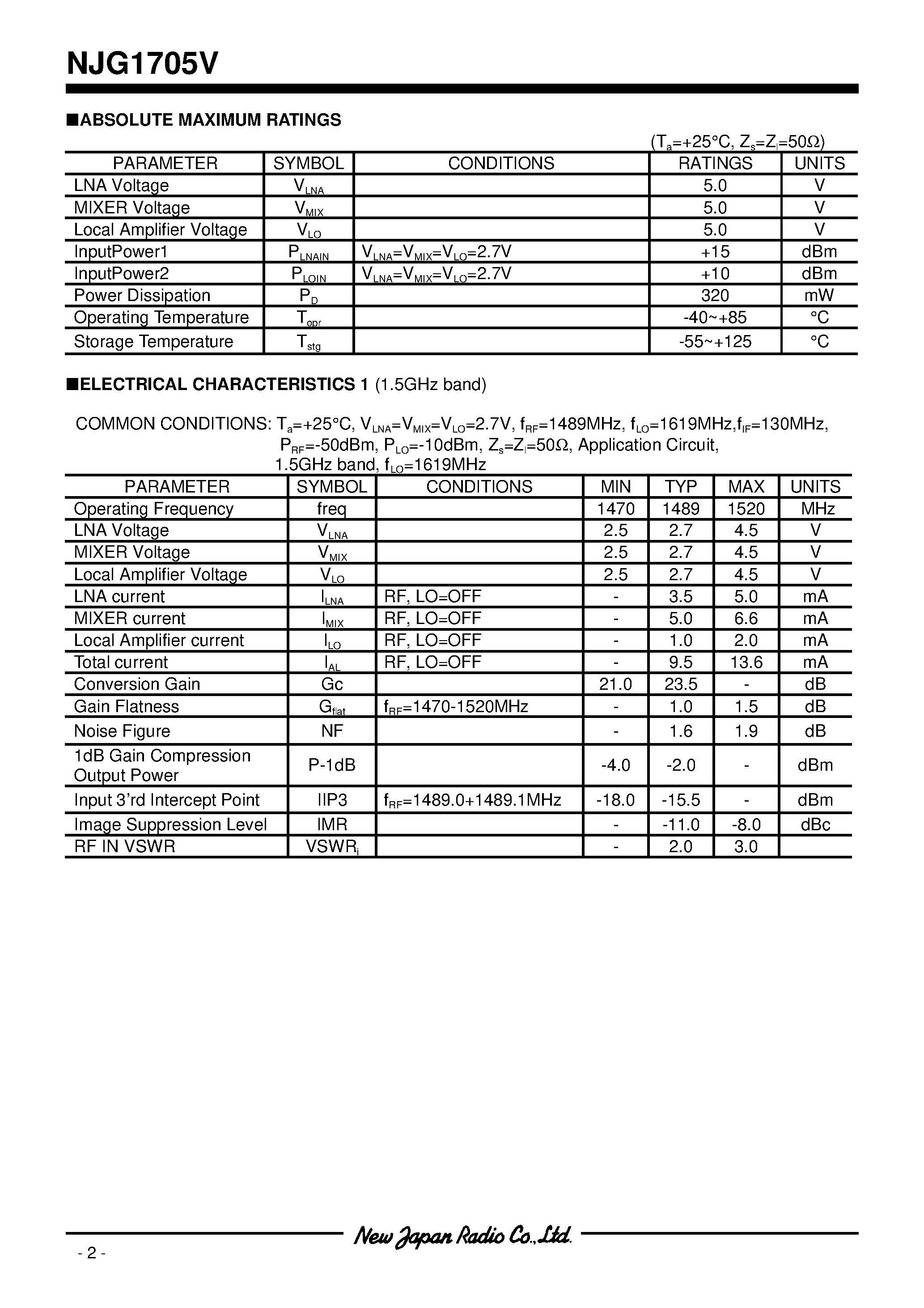 Datasheet NJG1705V - 1.5/1.9GHz BAND FRONT-END GaAs MMIC page 2