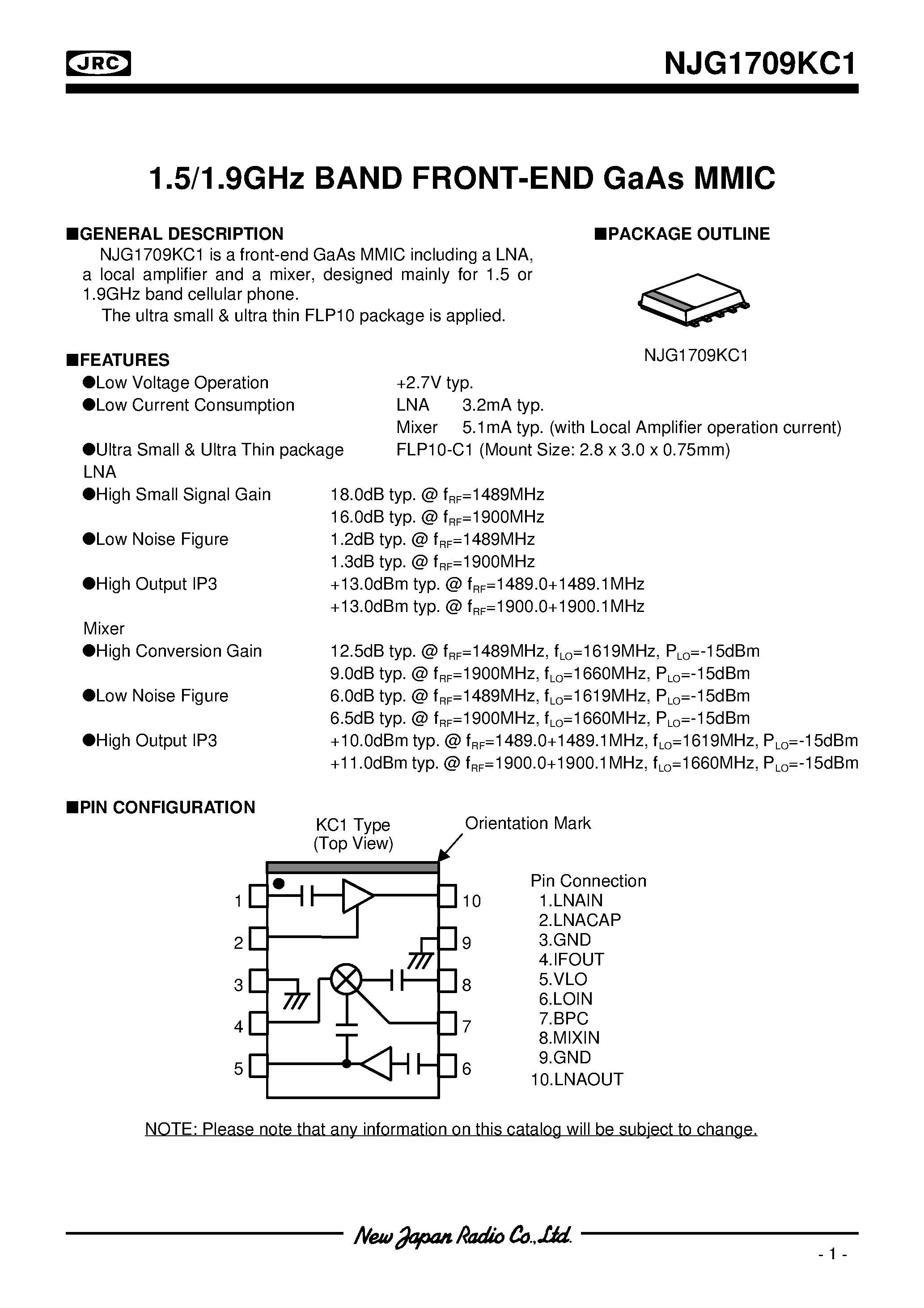 Datasheet NJG1709KC1 - 1.5/1.9GHz BAND FRONT-END GaAs MMIC page 1