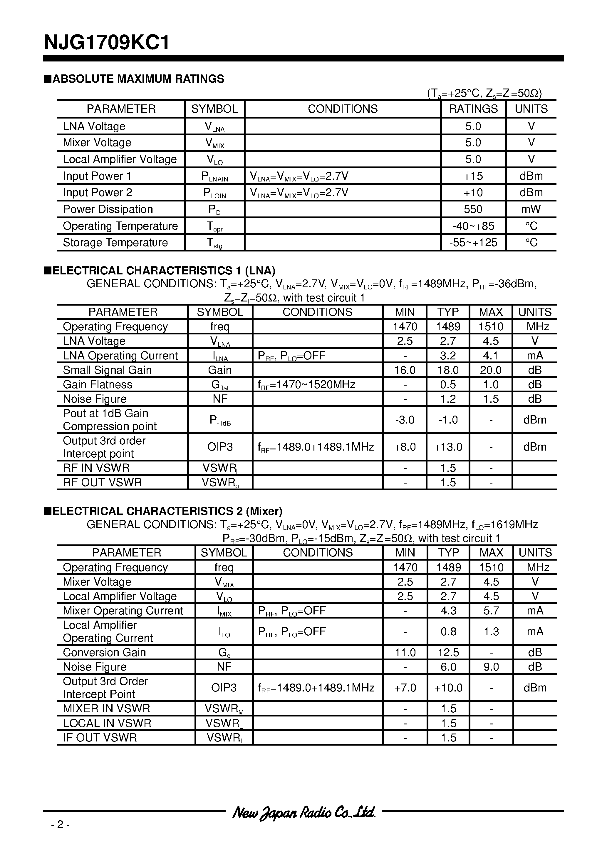 Datasheet NJG1709KC1 - 1.5/1.9GHz BAND FRONT-END GaAs MMIC page 2