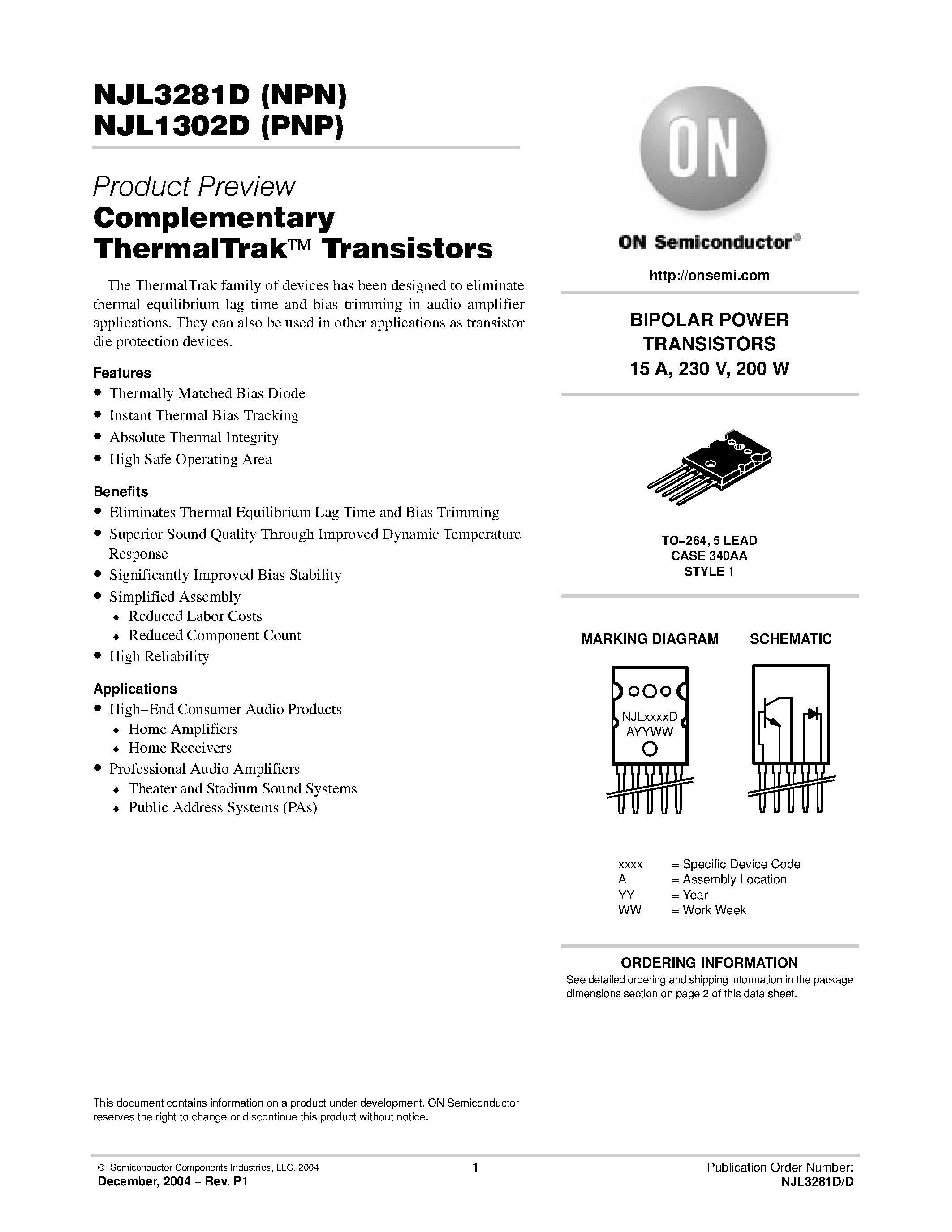 Datasheet NJL3281D - Complementary ThermalTrak Transistors page 1