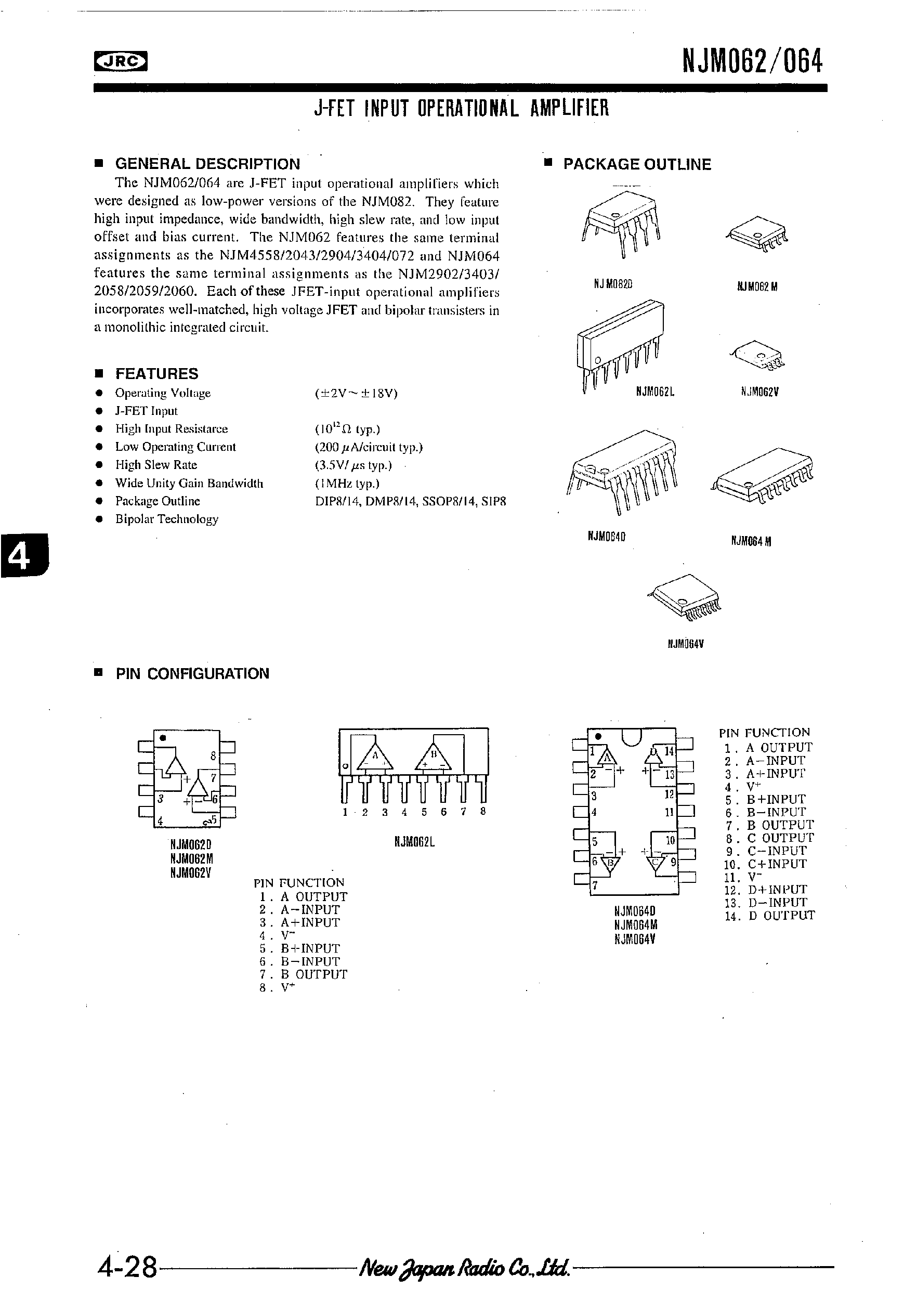 Datasheet NJM064 page 1 Datasheet NJM064 - J-FET INPUT OPERATIONAL AMPLIFIER page 1