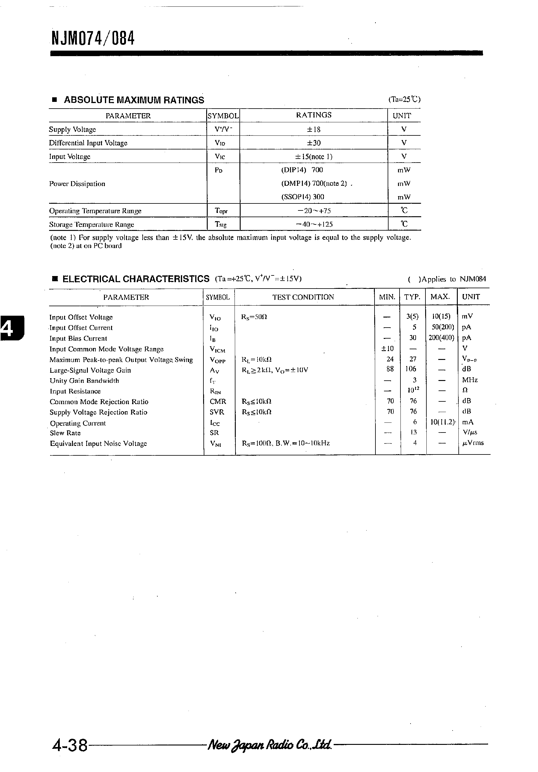 Datasheet NJM074 page 2 Datasheet NJM074 - DUAL J-FET INPUT OPERATIONAL AMPLIFIER page 2