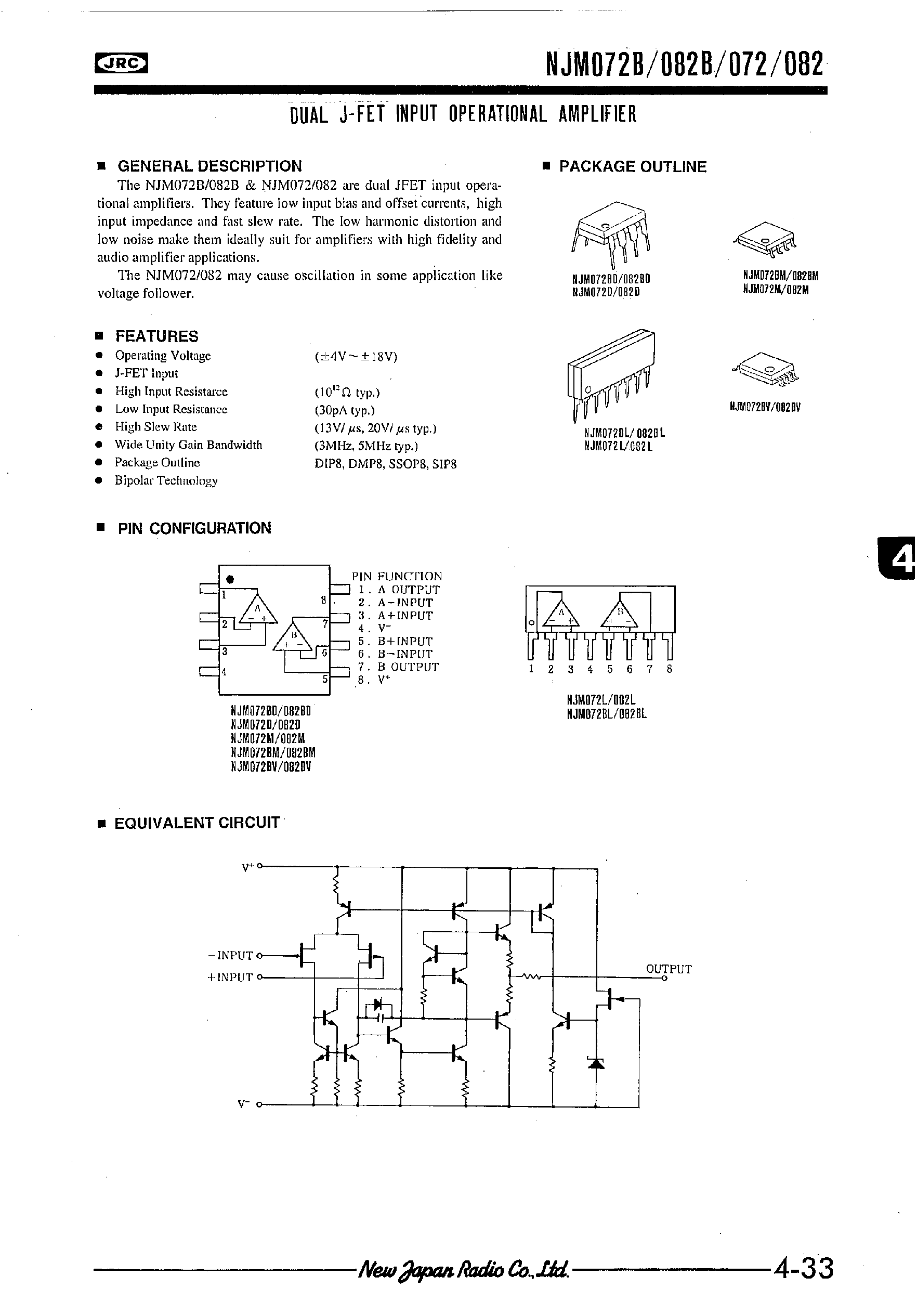 Datasheet NJM082 page 1 Datasheet NJM082 - DUAL J-FET INPUT OPERATIONAL AMPLIFIER page 1