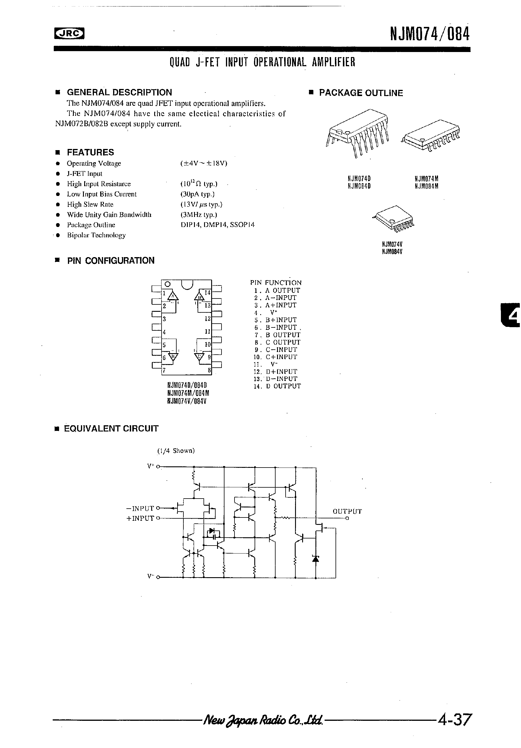 Datasheet NJM084 page 1 Datasheet NJM084 - DUAL J-FET INPUT OPERATIONAL AMPLIFIER page 1