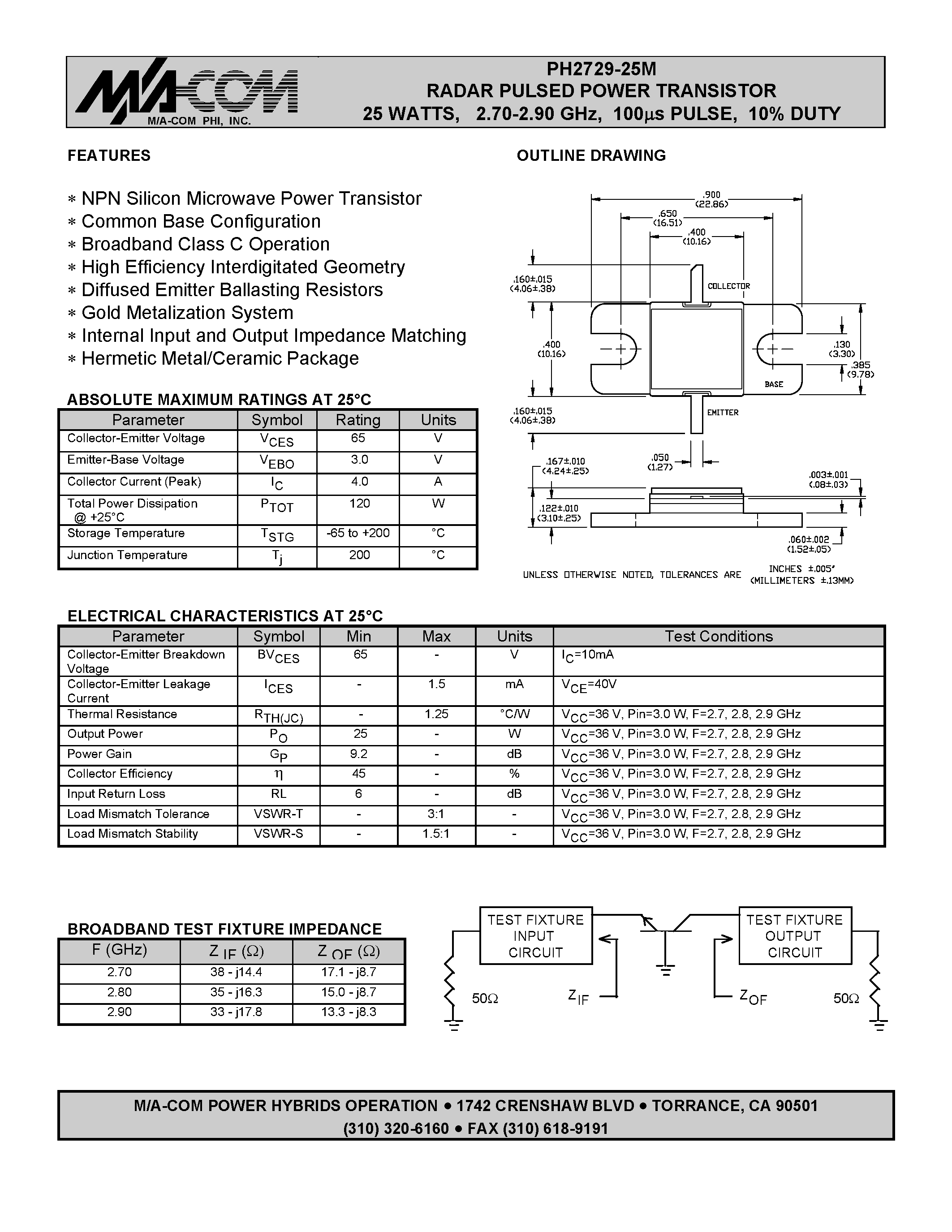 Datasheet NJM12901 - PH2729-25M RADAR PULSED POWER TRANSISTOR 25 WATTS / 2.70-2.90 GHz / 100s PULSE / 10% DUTY page 1