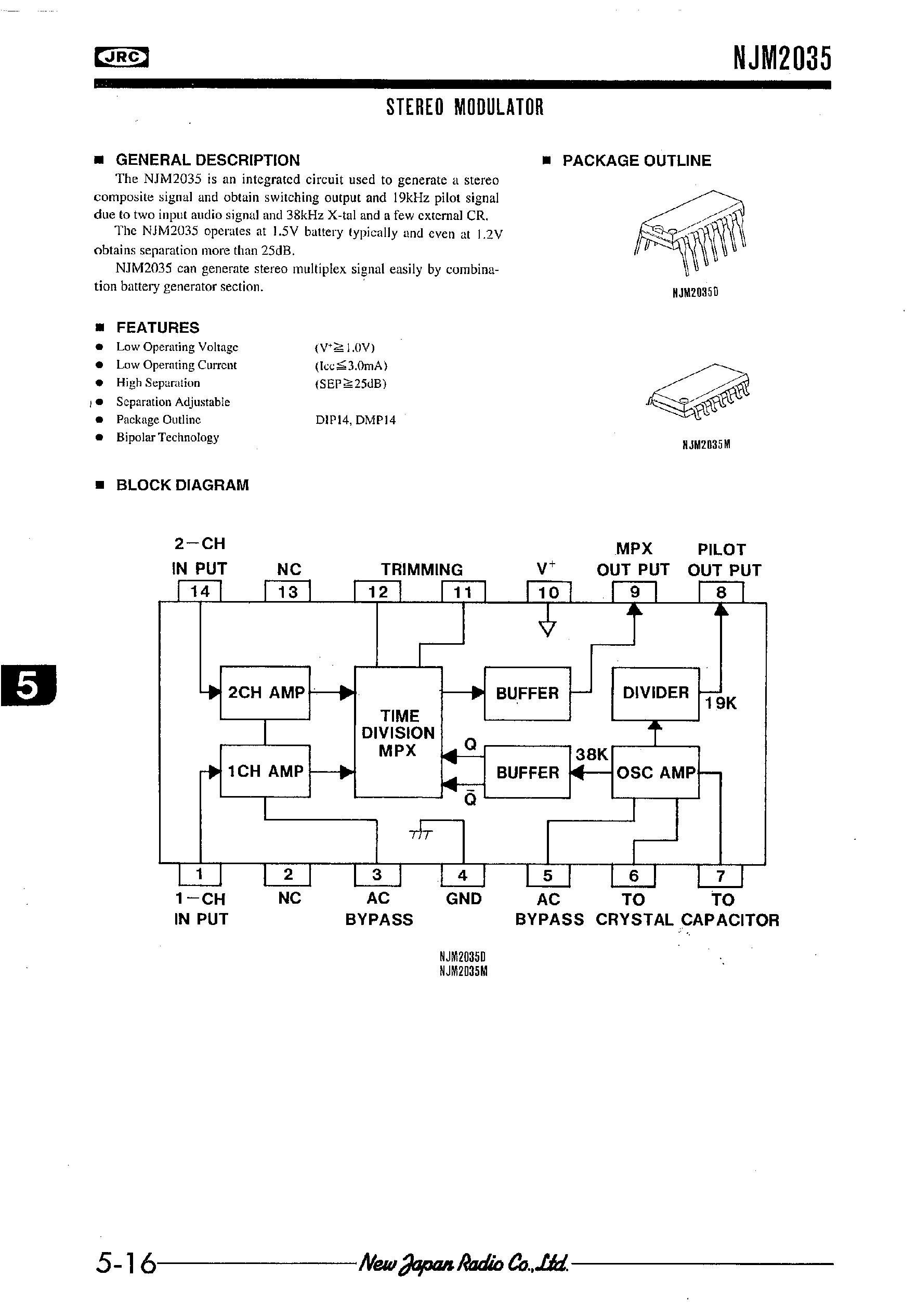 Даташит NJM2035 - STEREO MODULATOR страница 1