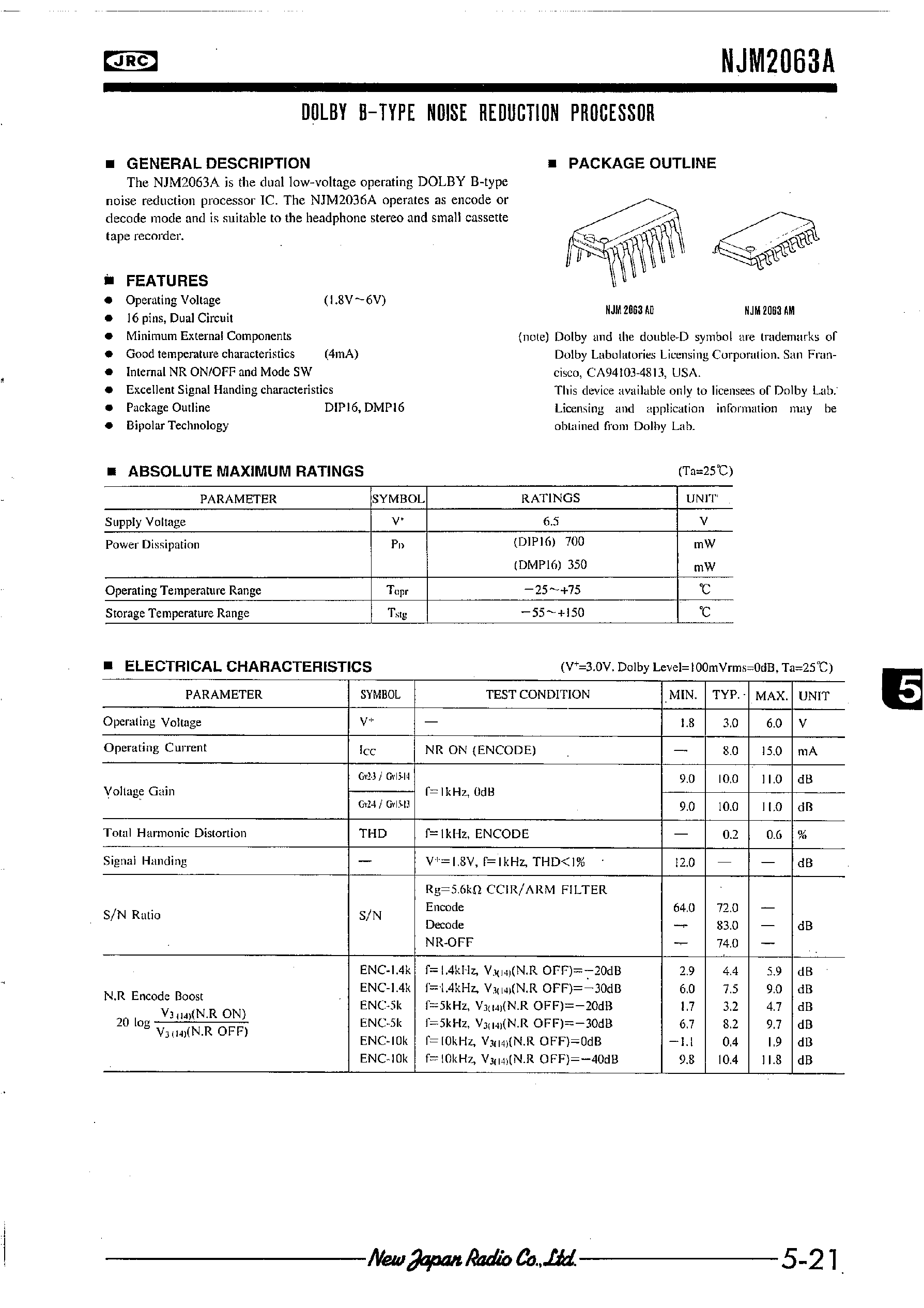 Даташит NJM2063 - DOLBY B-TYPE NOISE REDUCTION PROCESSOR страница 1