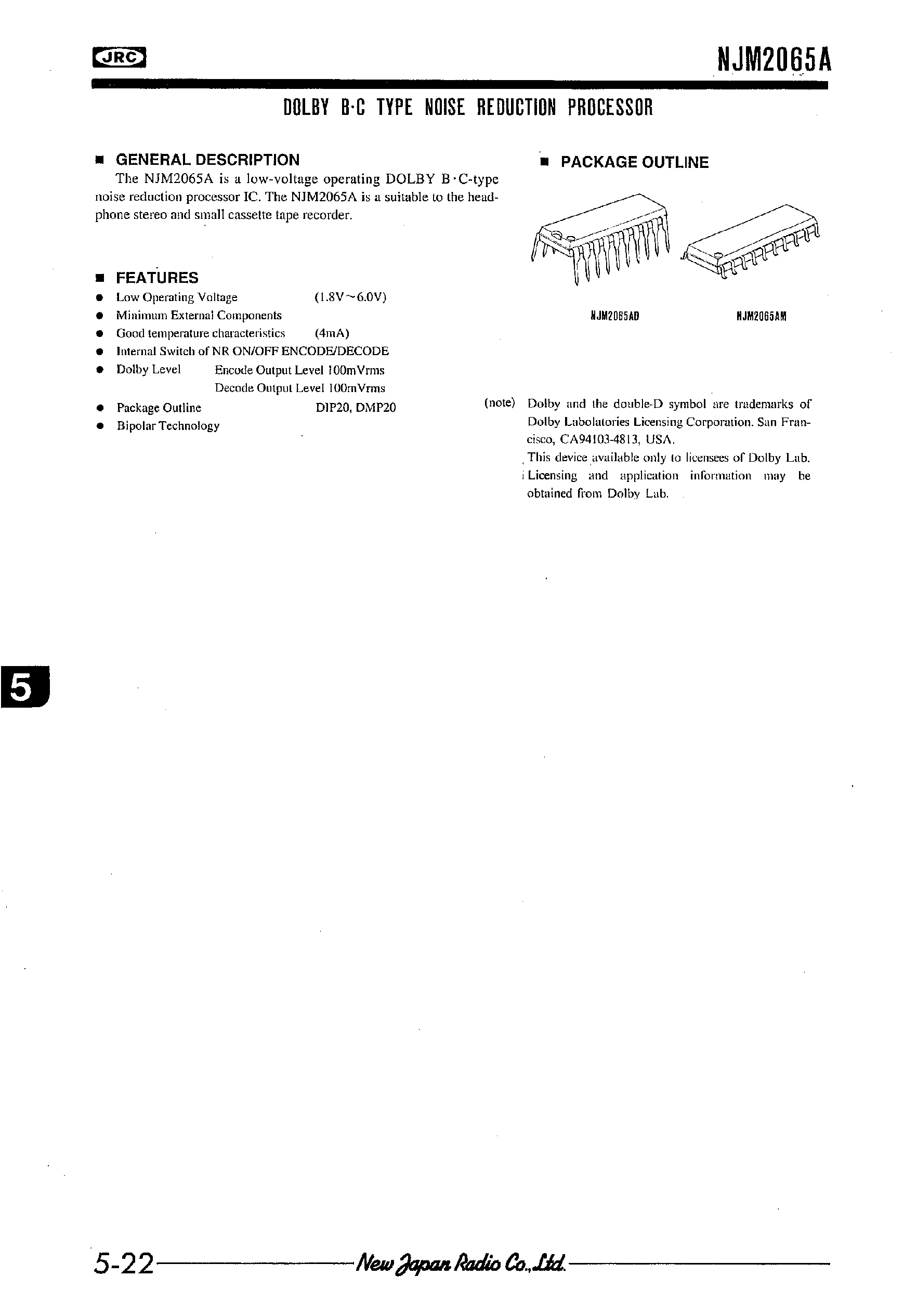 Datasheet NJM2065 page 1 Datasheet NJM2065 - DOLBY B-C TYPE NOISE REDUCTION PROCESSOR page 1
