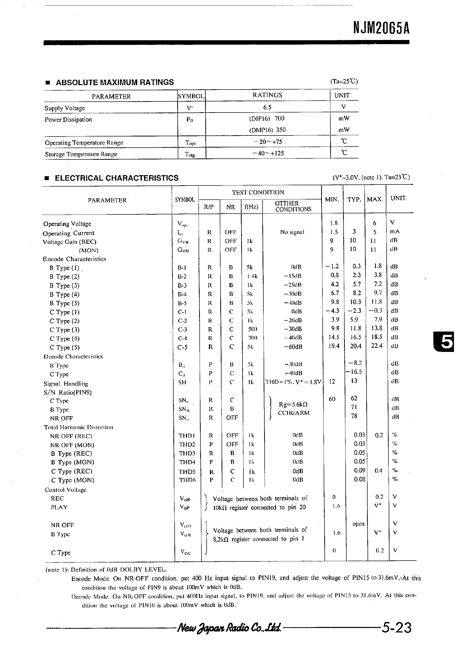 Datasheet NJM2065 page 2 Datasheet NJM2065 - DOLBY B-C TYPE NOISE REDUCTION PROCESSOR page 2