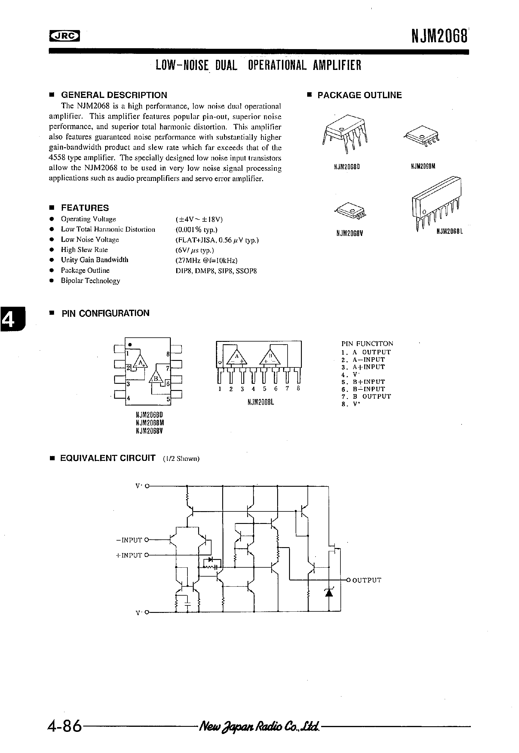 Даташит на микросхему NJM2068 страница 1 Даташит NJM2068 - LOW-NOISE DUAL OPERATIONAL AMPLIFIER страница 1