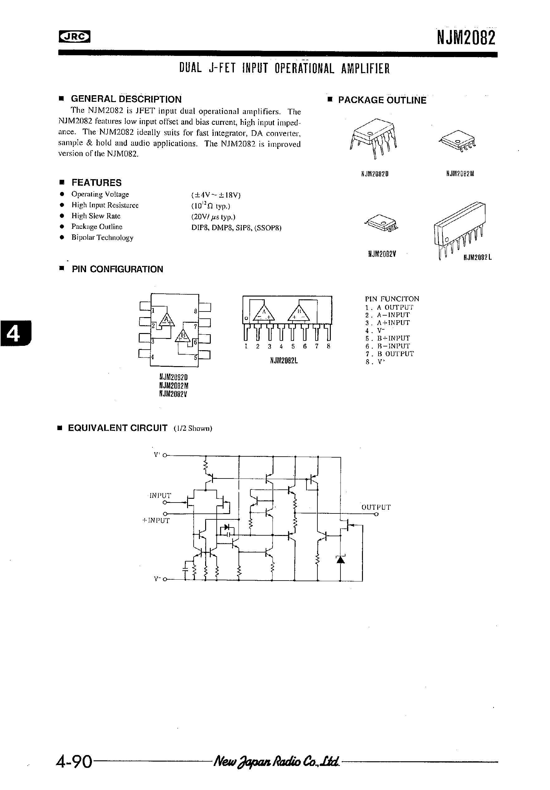 Datasheet NJM2082 page 1 Datasheet NJM2082 - DUAL J-FET INPUT OPERATIONAL AMPLIFIER page 1