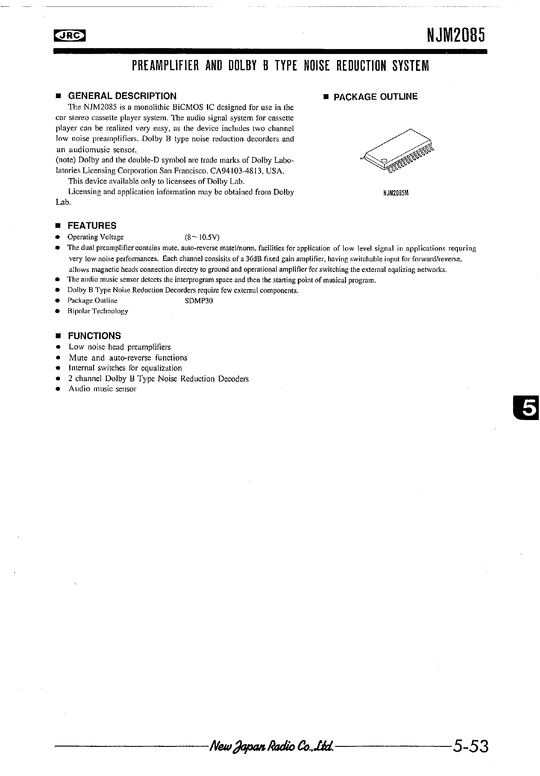 Datasheet NJM2085 page 1 Datasheet NJM2085 - PREAMPLIFIER AND DOLBY B TYPE NOISE REDUCTION SYSTEM page 1