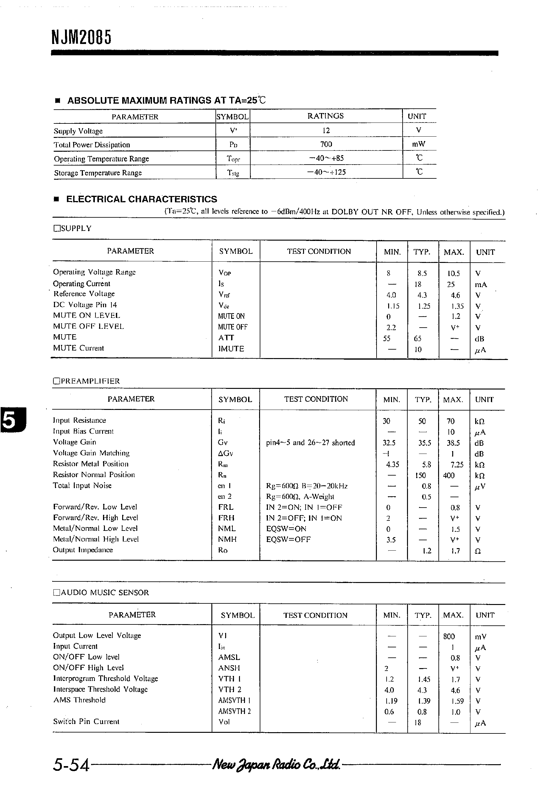 Datasheet NJM2085 page 2 Datasheet NJM2085 - PREAMPLIFIER AND DOLBY B TYPE NOISE REDUCTION SYSTEM page 2