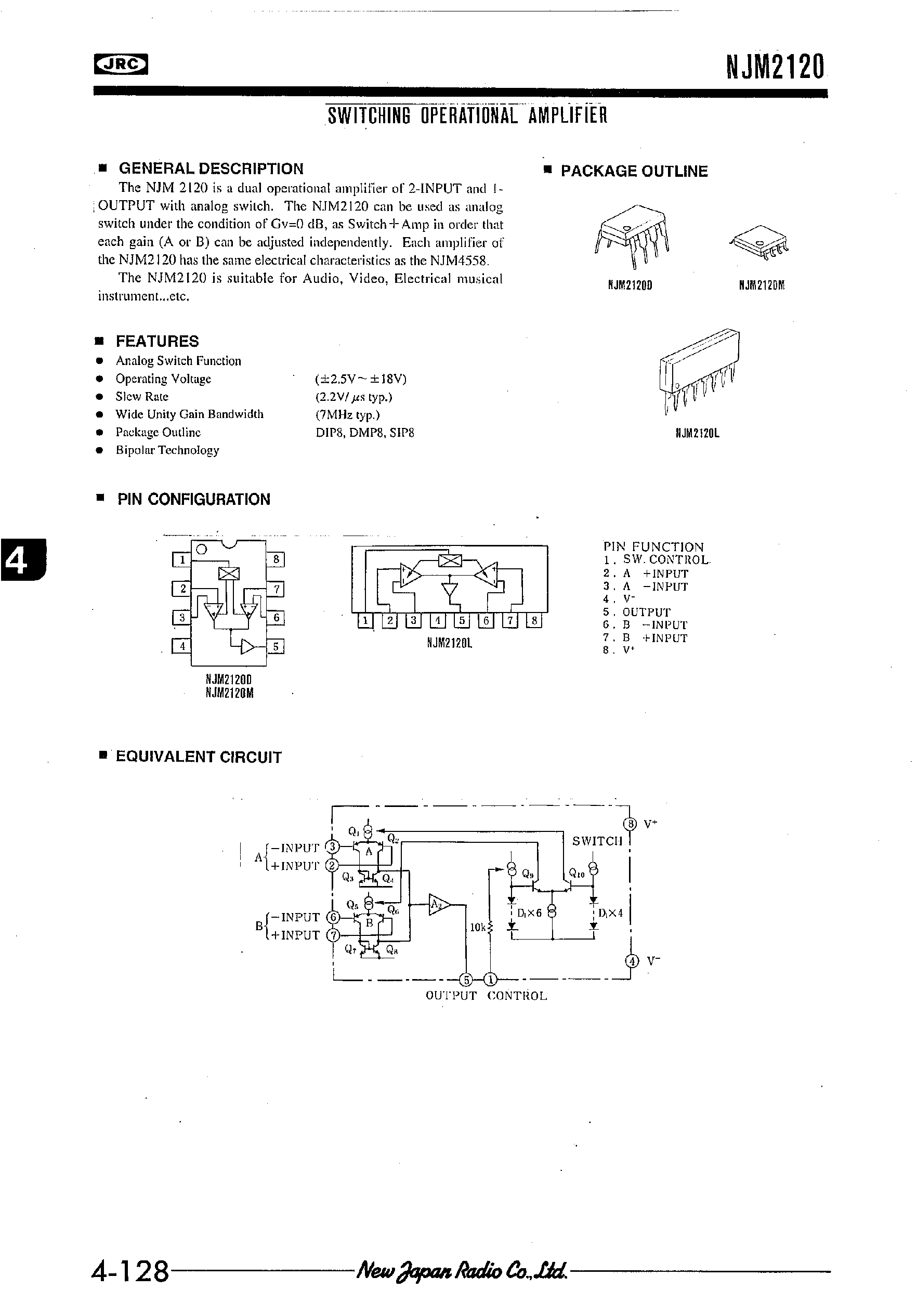 Datasheet NJM2120 page 1 Datasheet NJM2120 - SWITCHING OPERATIONAL AMPLIFIER page 1