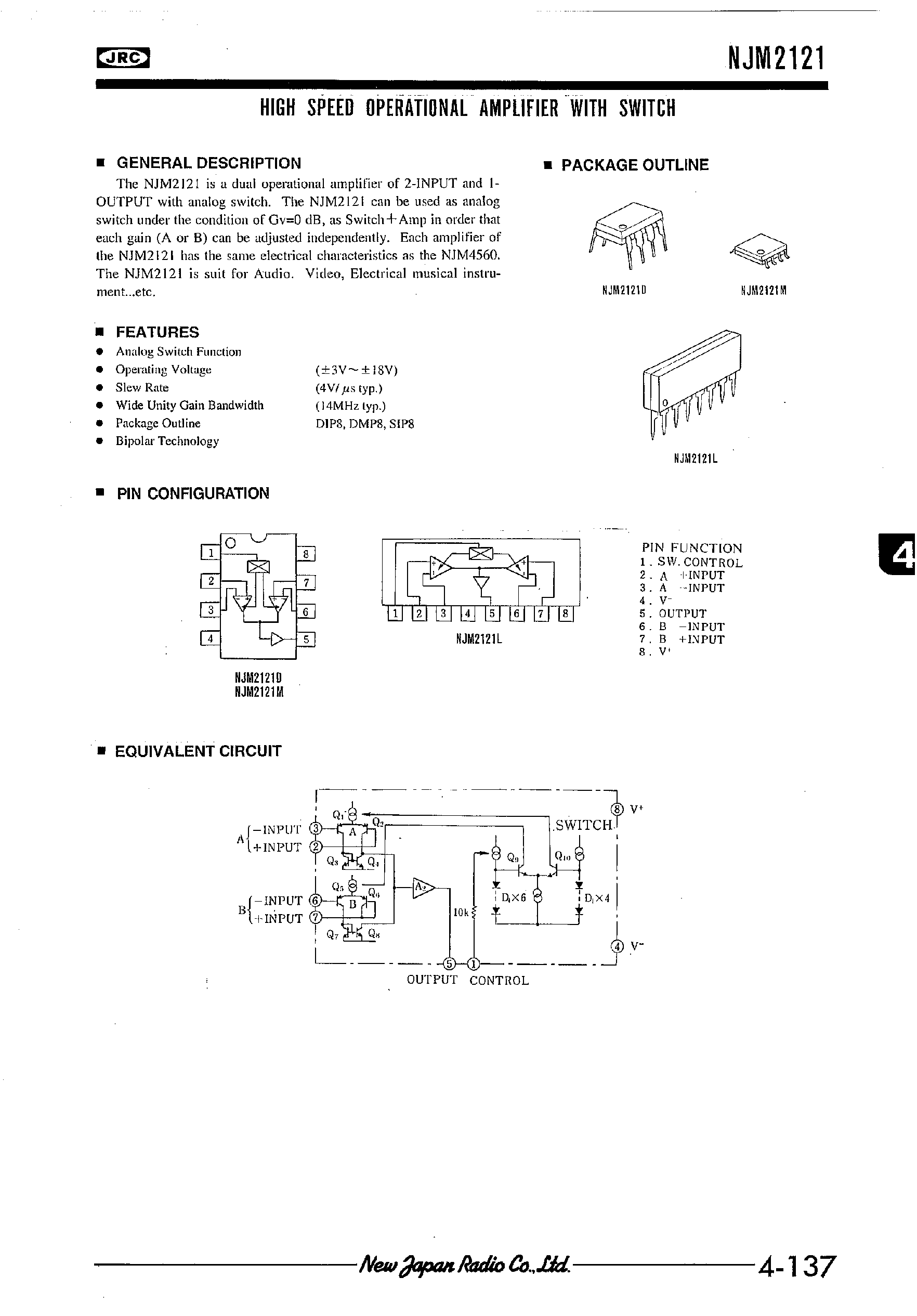 Datasheet NJM2121 page 1 Datasheet NJM2121 - HIGH SPEED OPERATIONAL AMPLIFIER WITH SWITCH page 1
