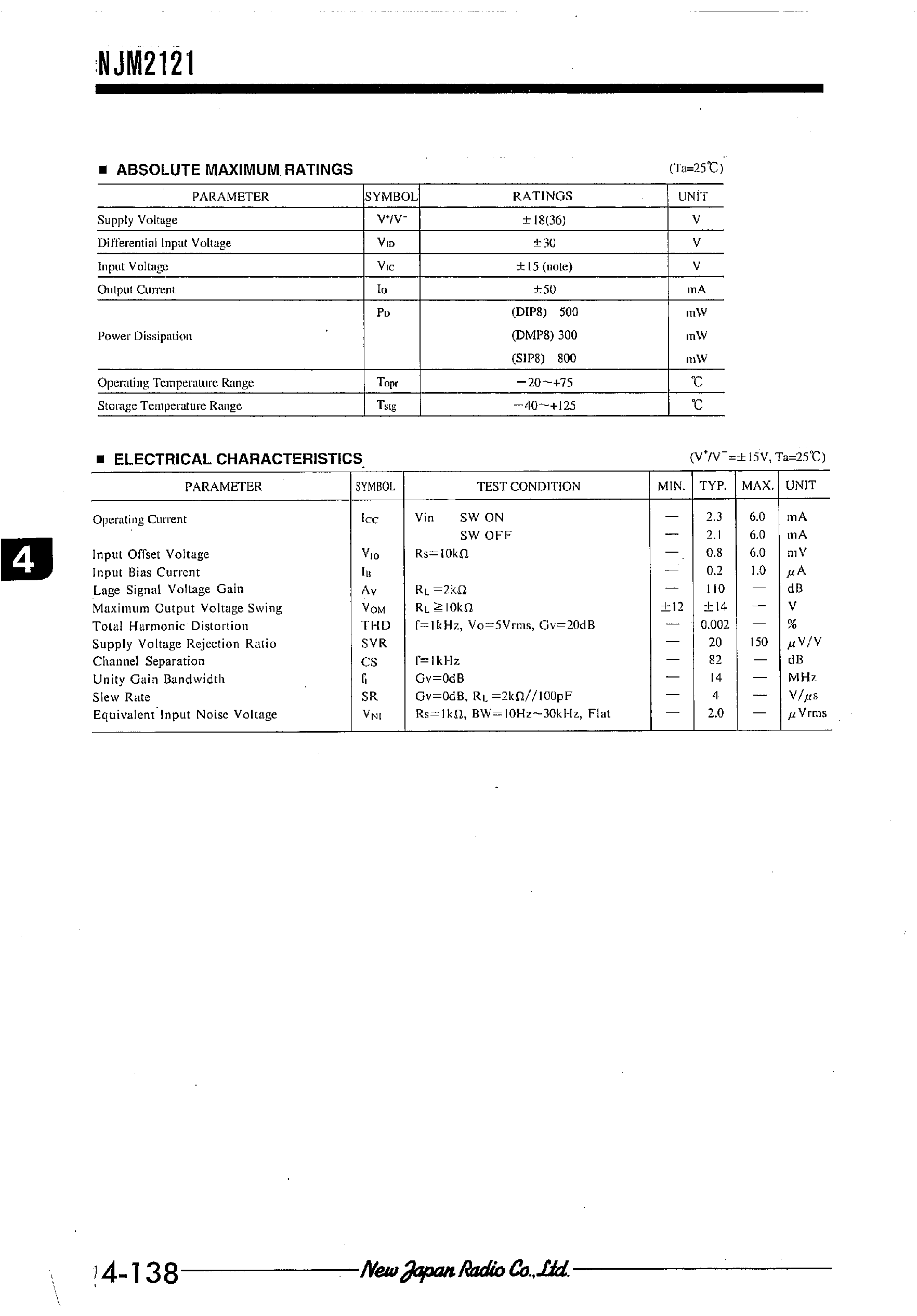 Datasheet NJM2121 page 2 Datasheet NJM2121 - HIGH SPEED OPERATIONAL AMPLIFIER WITH SWITCH page 2