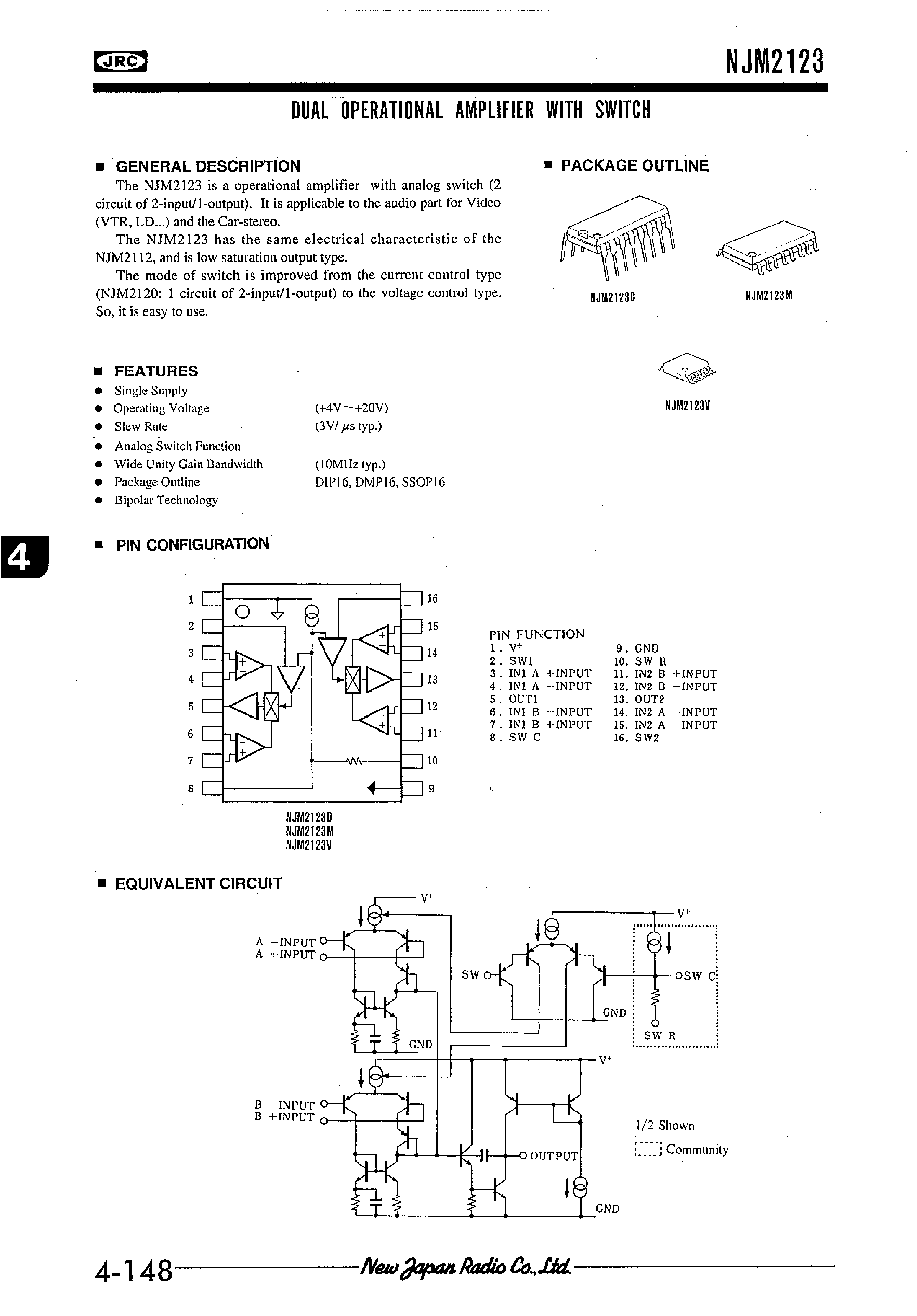 Datasheet NJM2123 - DUAL OPERATIONAL AMPLIFIER WITH SWITCH page 1