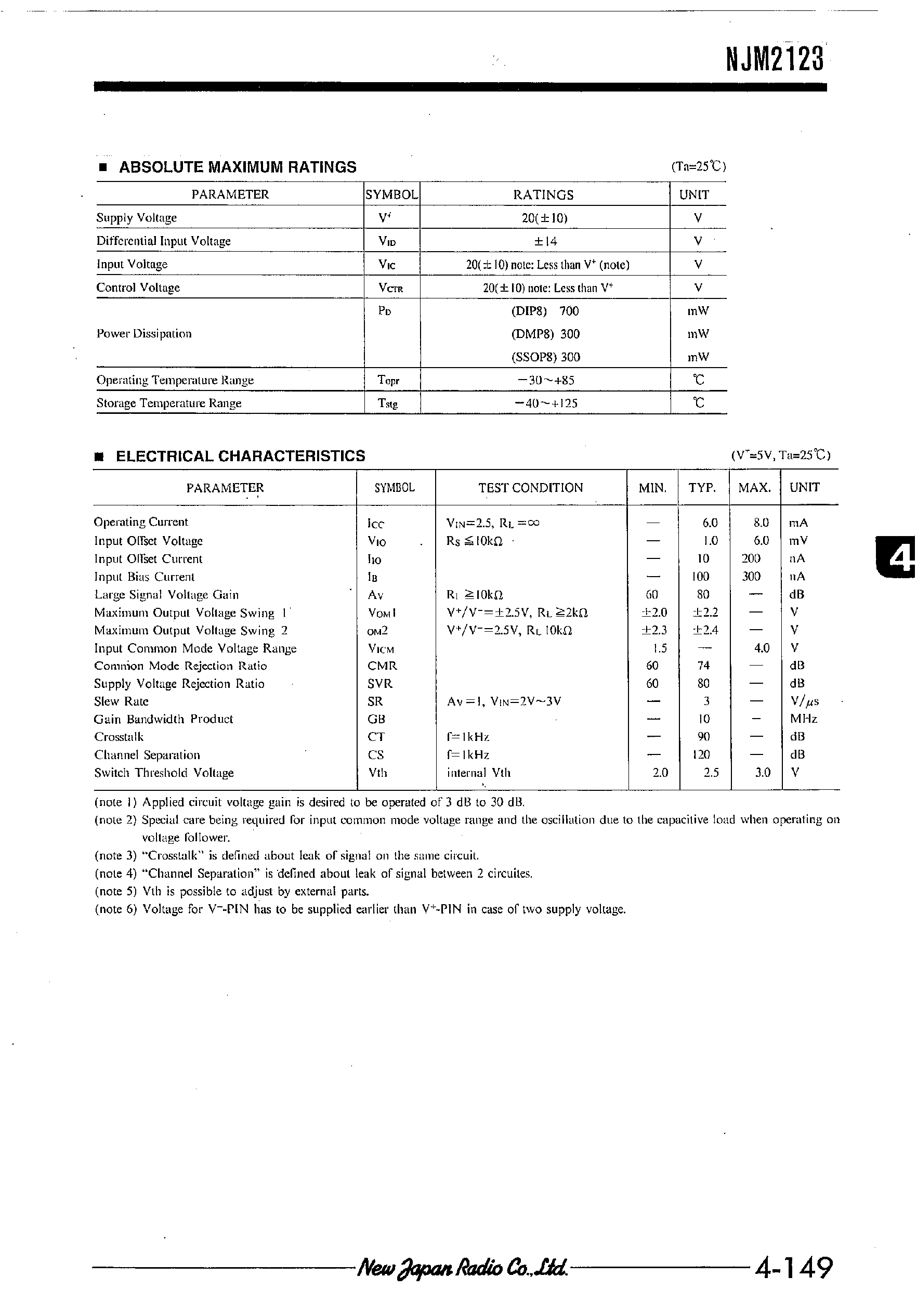 Datasheet NJM2123 - DUAL OPERATIONAL AMPLIFIER WITH SWITCH page 2