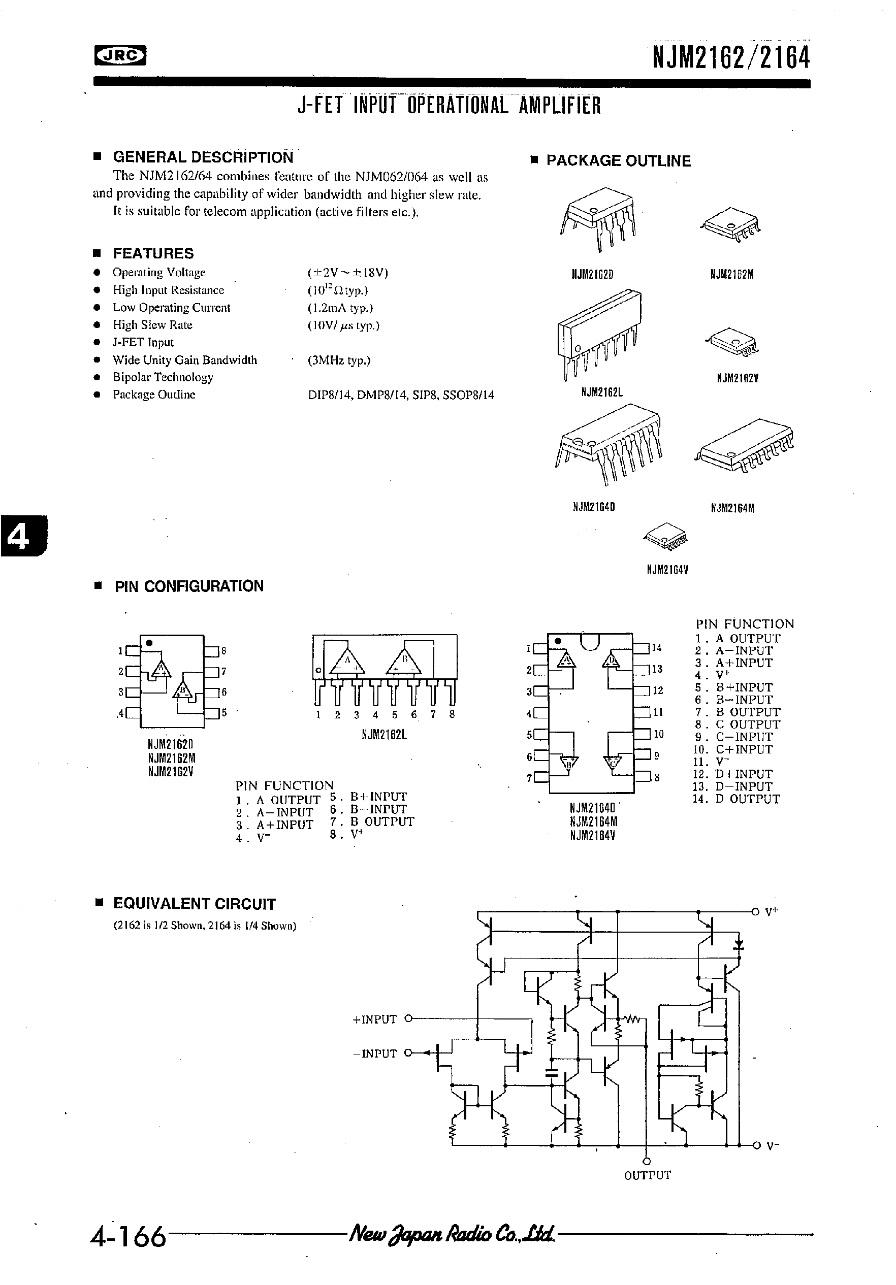 Datasheet NJM2162 page 1 Datasheet NJM2162 - J-FET INPUT OPERATIONAL AMPLIFIER page 1