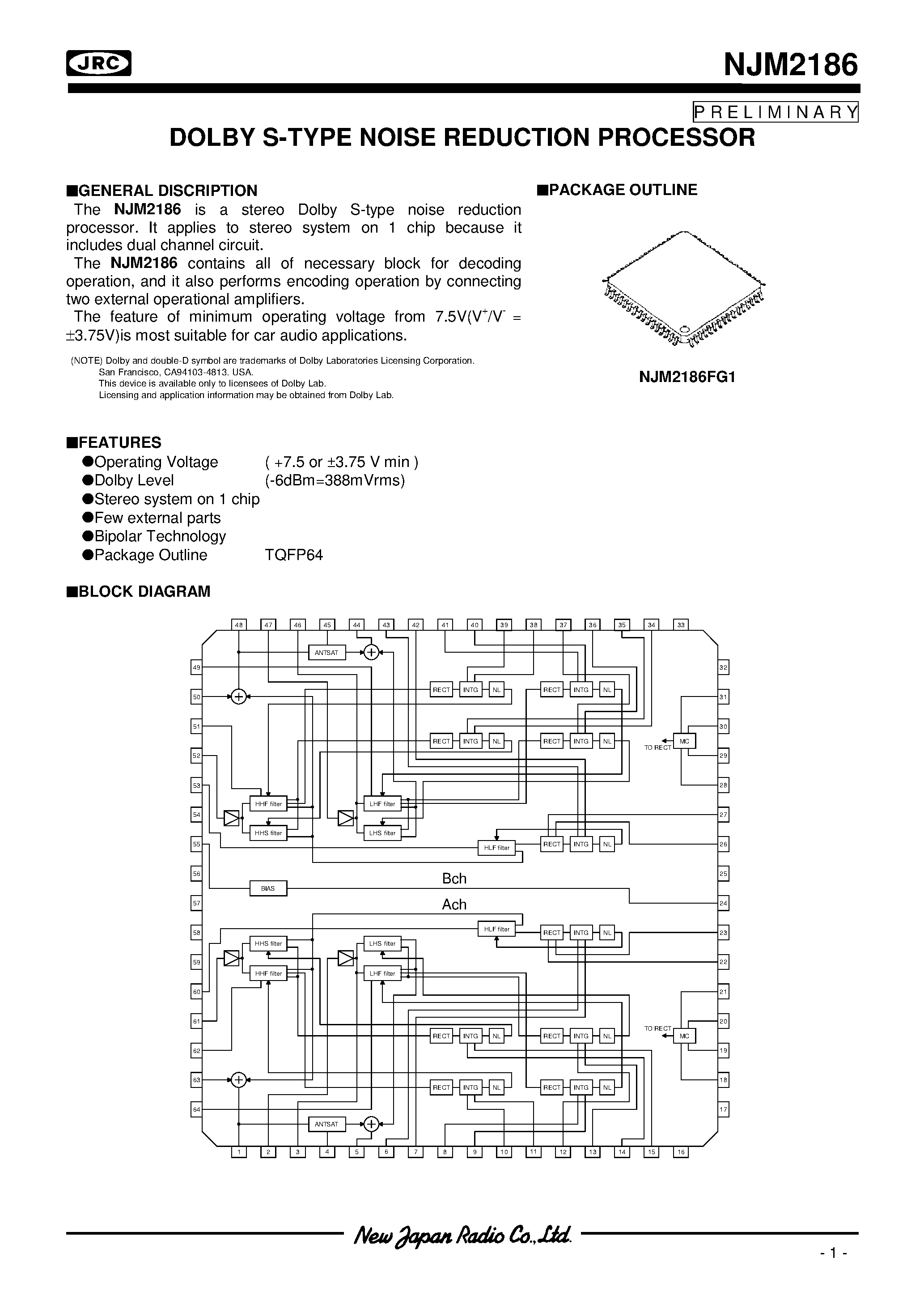 Datasheet NJM2186 - DOLBY S-TYPE NOISE REDUCTION PROCESSOR page 1