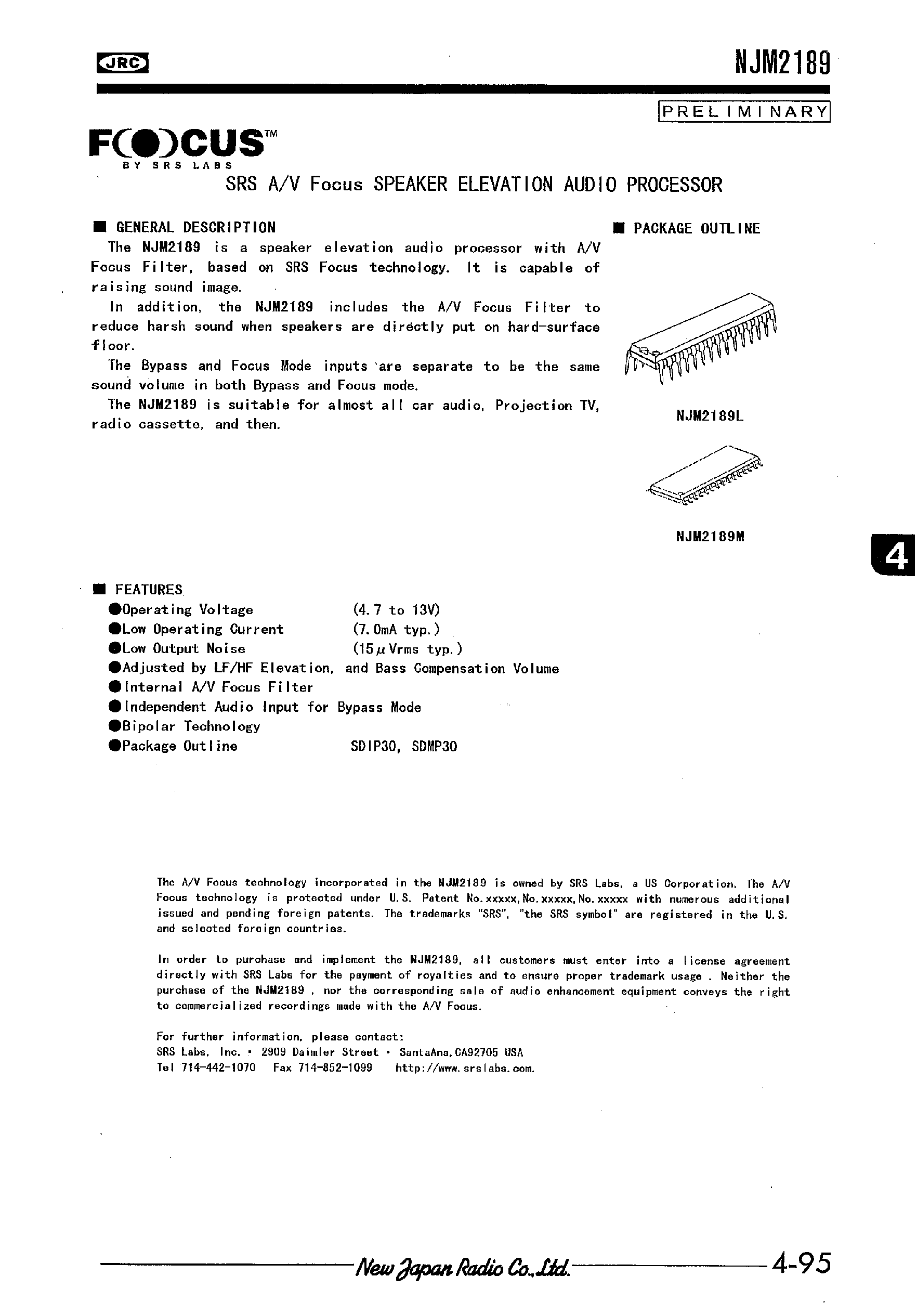 Даташит на микросхему NJM2189 страница 1 Даташит NJM2189 - SRS A/V Focus SPEAKER ELEVATION AUDIO PROCESSOR страница 1