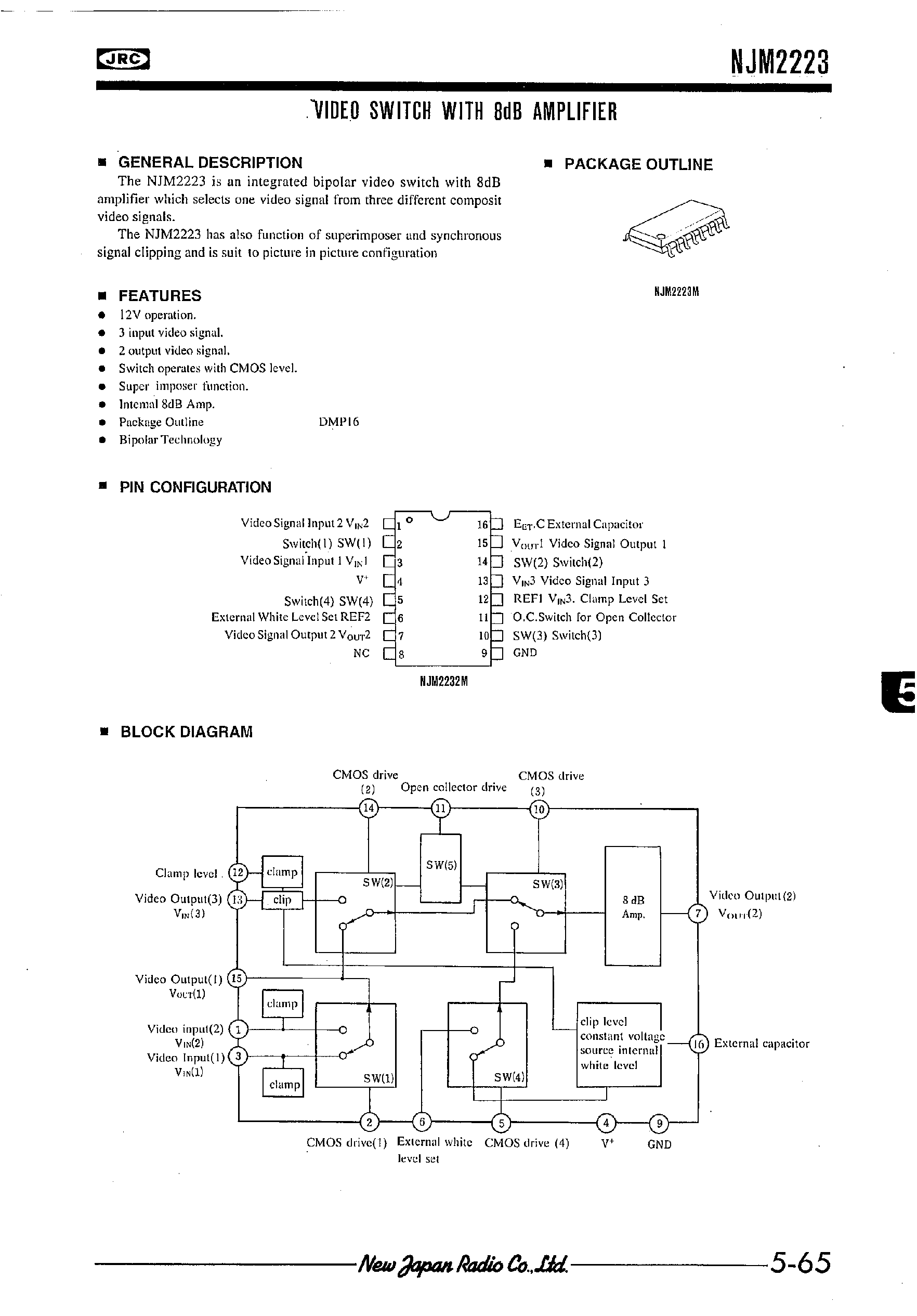 Datasheet NJM2223 page 1 Datasheet NJM2223 - VIDEO SWITCH WITH 8dB AMPLIFIER page 1