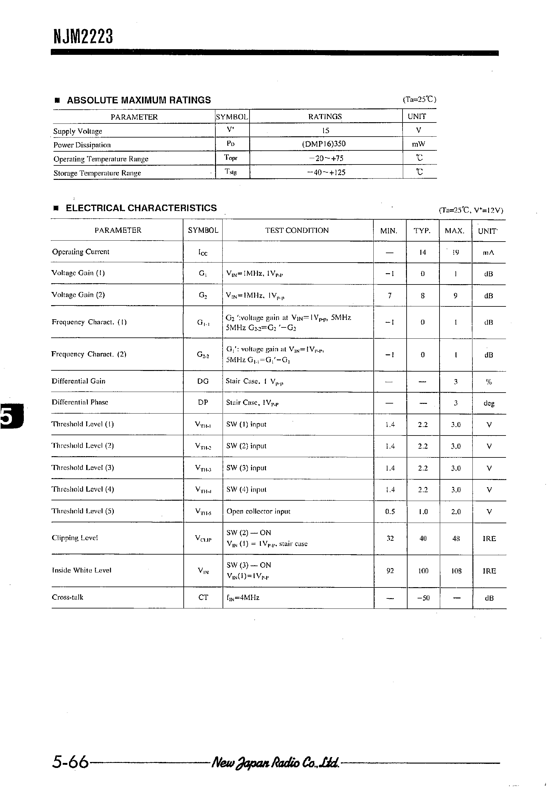 Datasheet NJM2223 page 2 Datasheet NJM2223 - VIDEO SWITCH WITH 8dB AMPLIFIER page 2