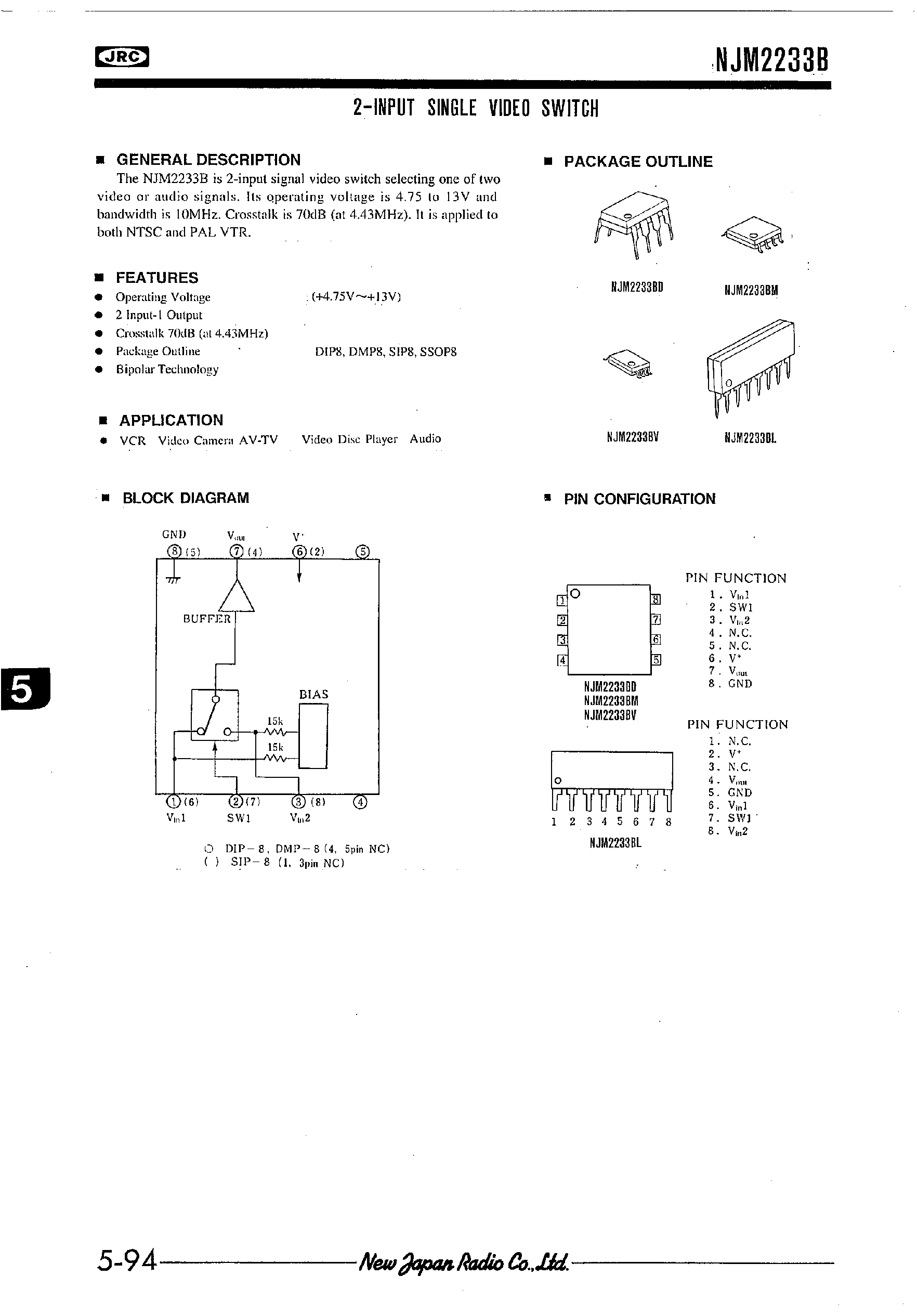 Datasheet NJM2233BD - 2-INPUT SINGLE VIDEO SWITCH page 1