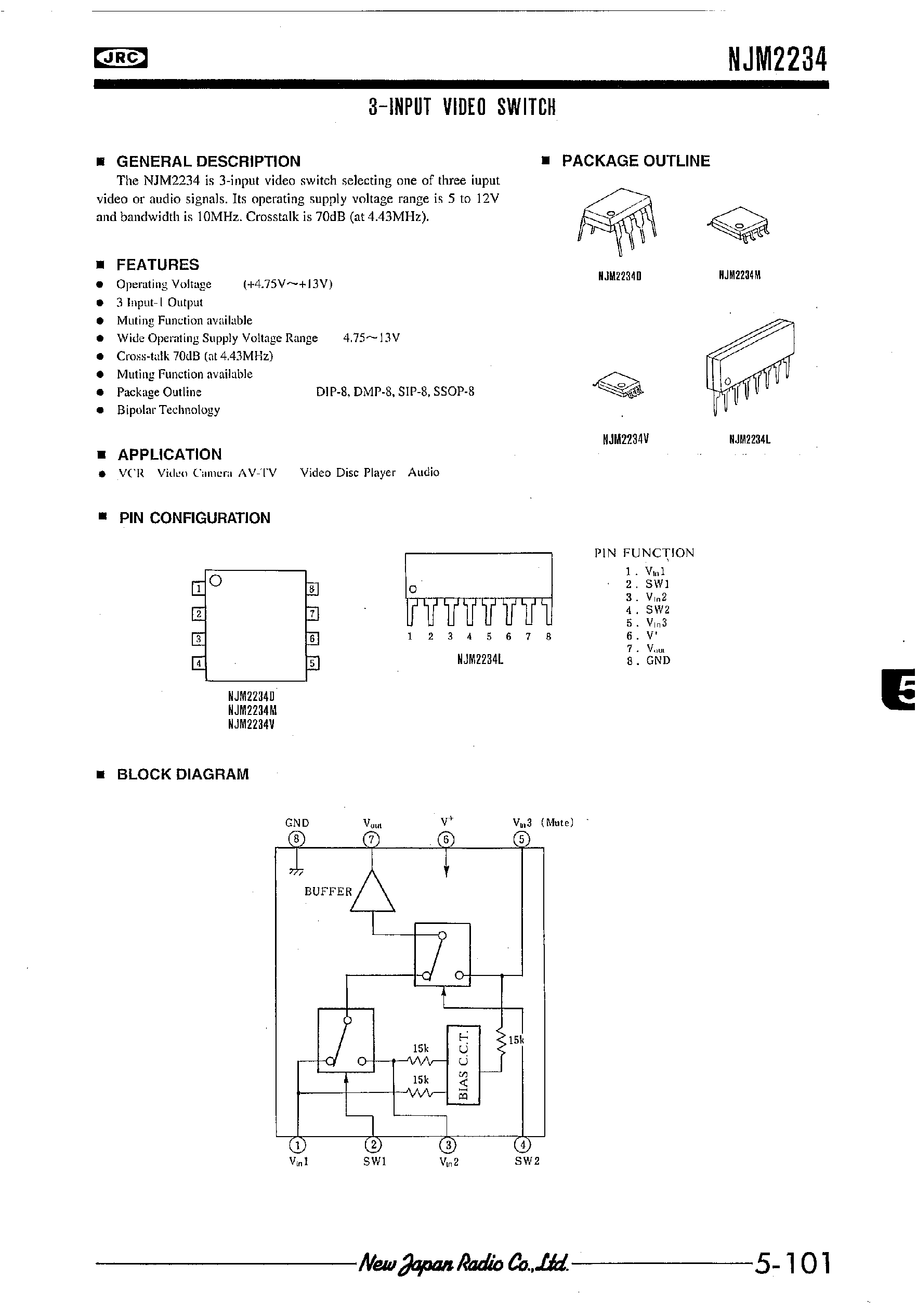 Datasheet NJM2234 - 3-INPUT VIDEO SWITCH page 1