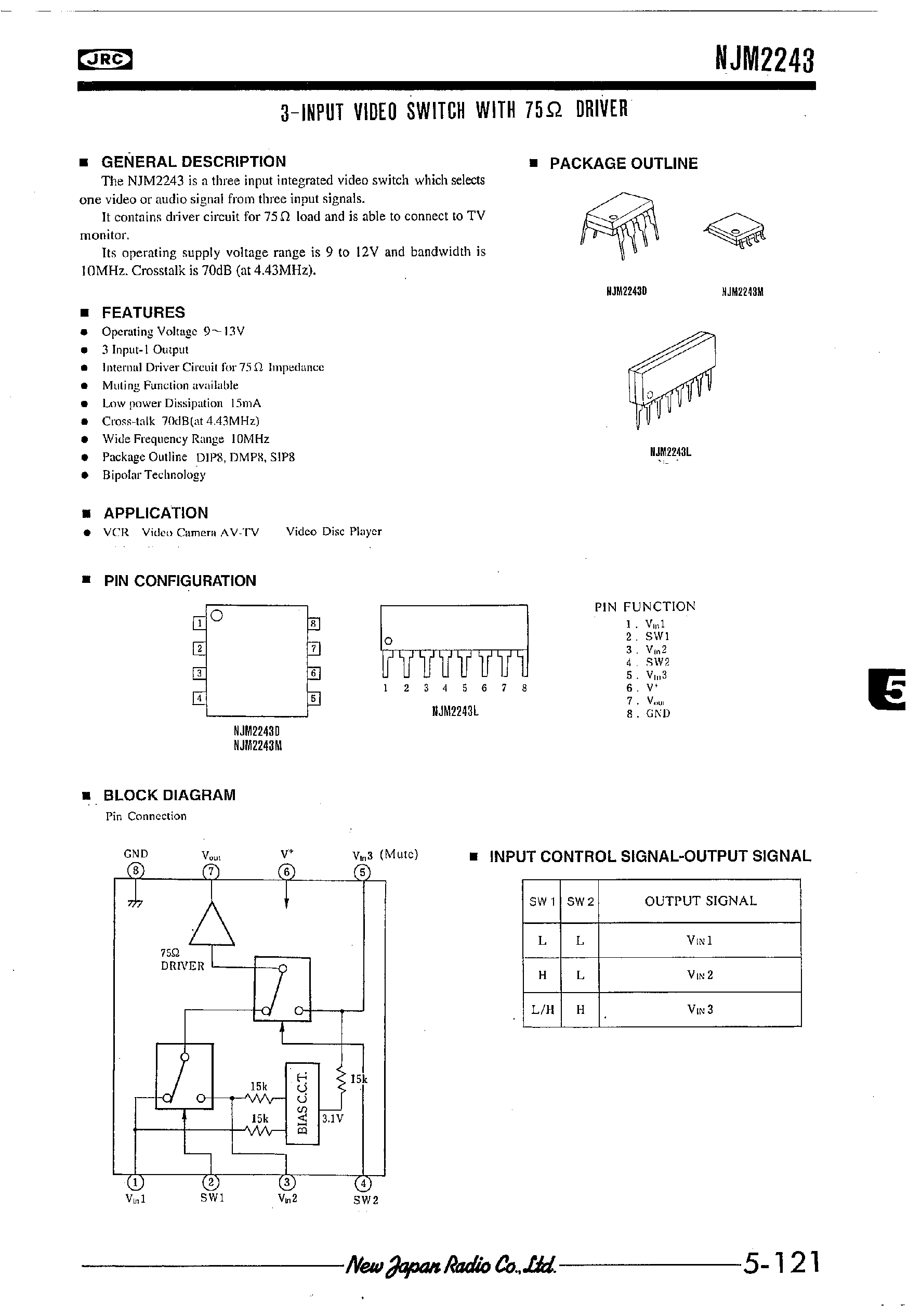 Datasheet NJM2243 - 3-INPUT VIDEO SWITCH WITH 75OHM DRIVER page 1