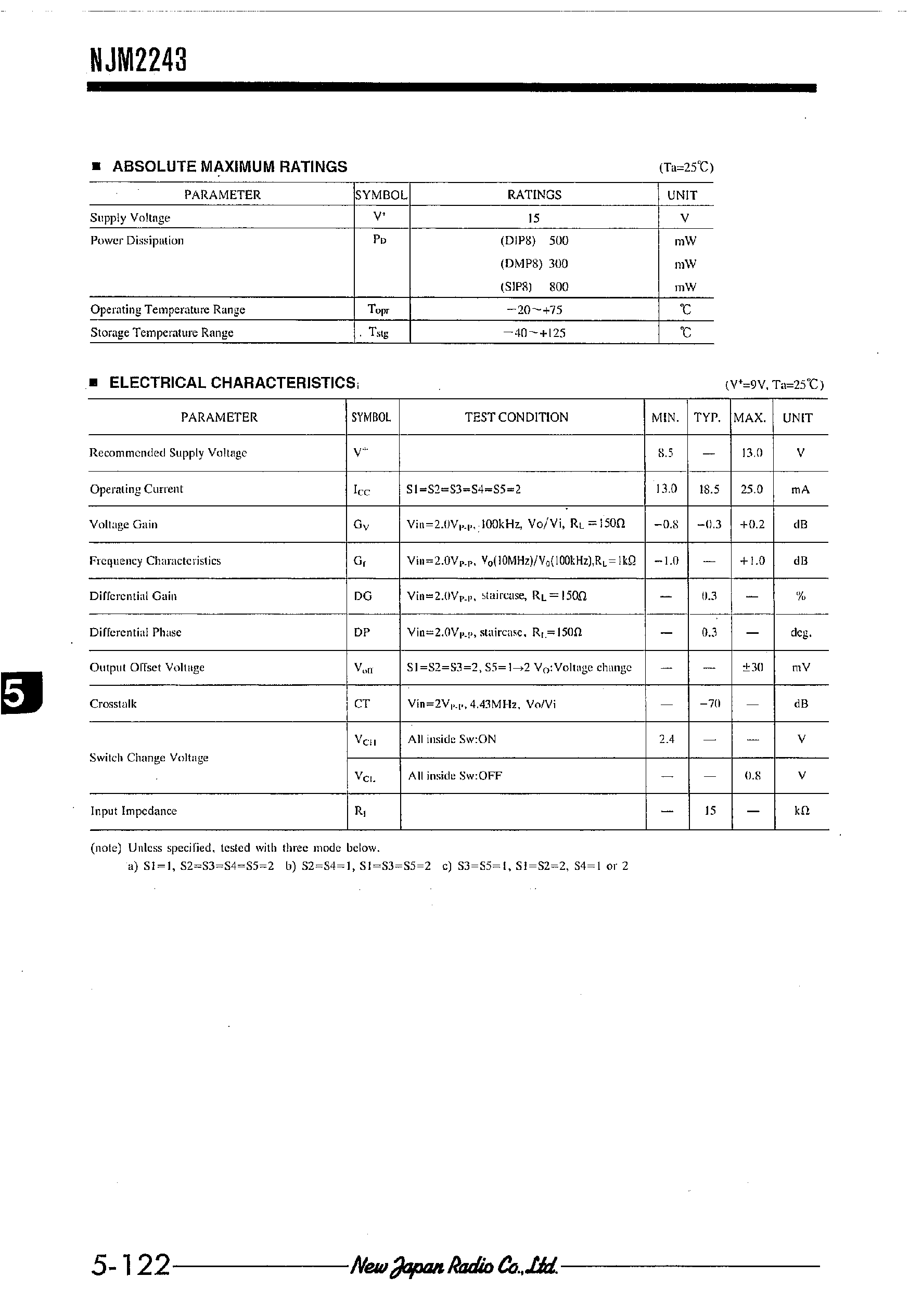 Datasheet NJM2243 - 3-INPUT VIDEO SWITCH WITH 75OHM DRIVER page 2