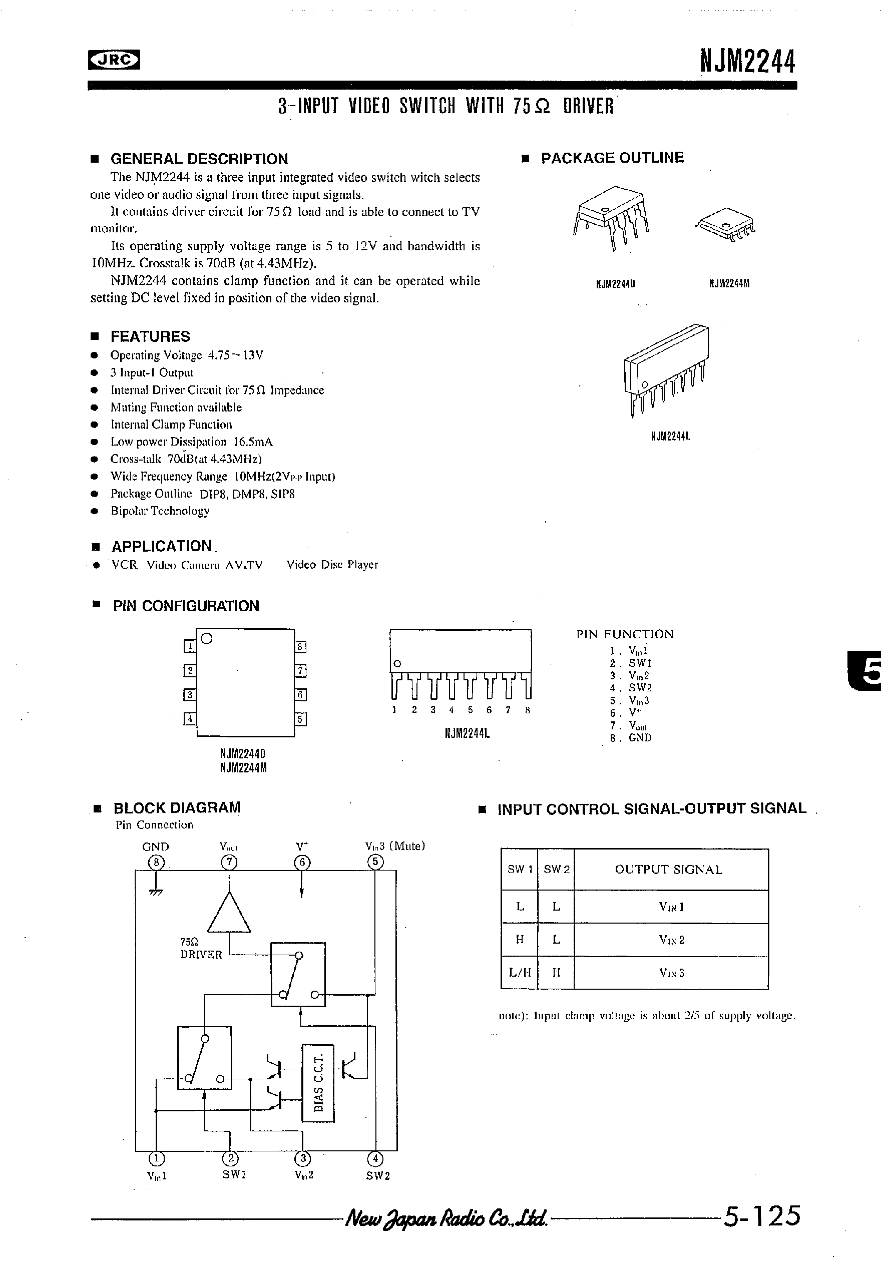 Datasheet NJM2244 page 1 Datasheet NJM2244 - 3-INPUT VIDEO SWITCH WITH 75OHM DRIVER page 1
