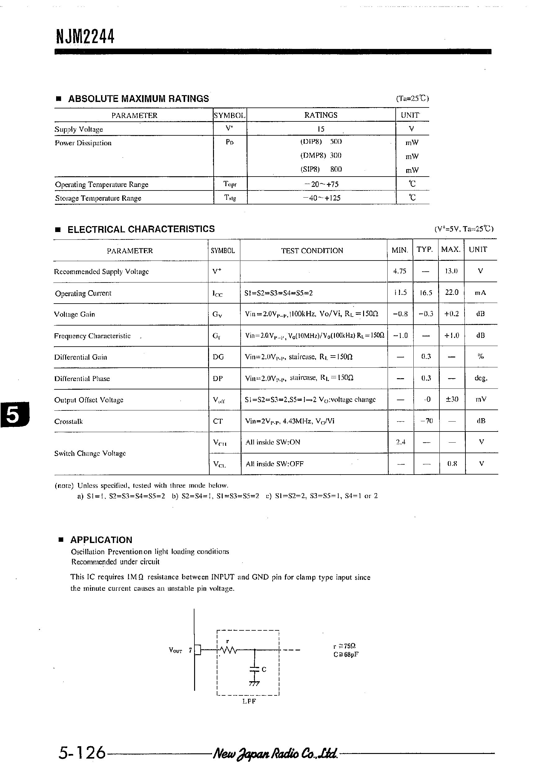 Datasheet NJM2244 page 2 Datasheet NJM2244 - 3-INPUT VIDEO SWITCH WITH 75OHM DRIVER page 2