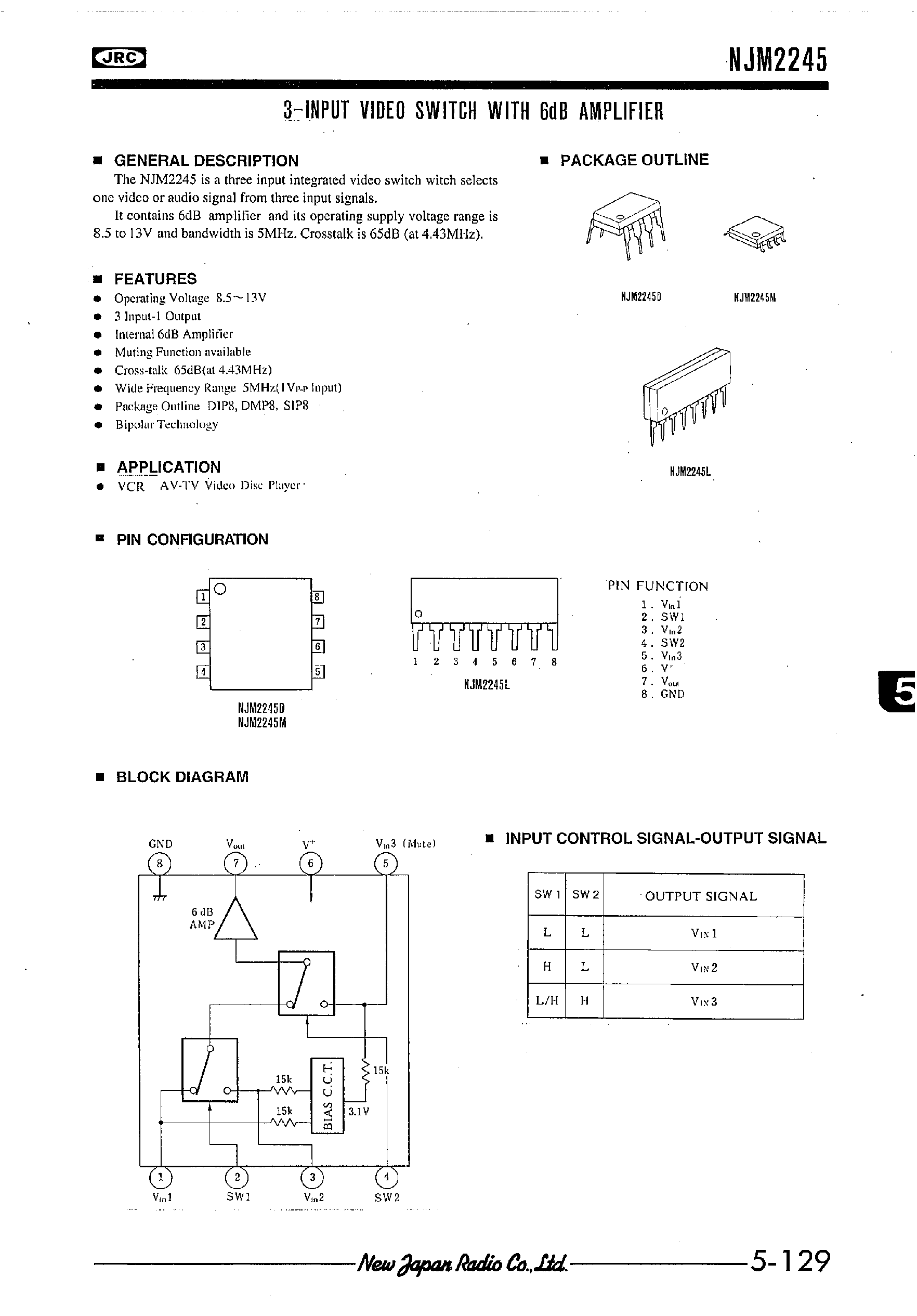 Datasheet NJM2245 - 3-INPUT VIDEO SWITCH WITH 6dB AMPLIFIER page 1